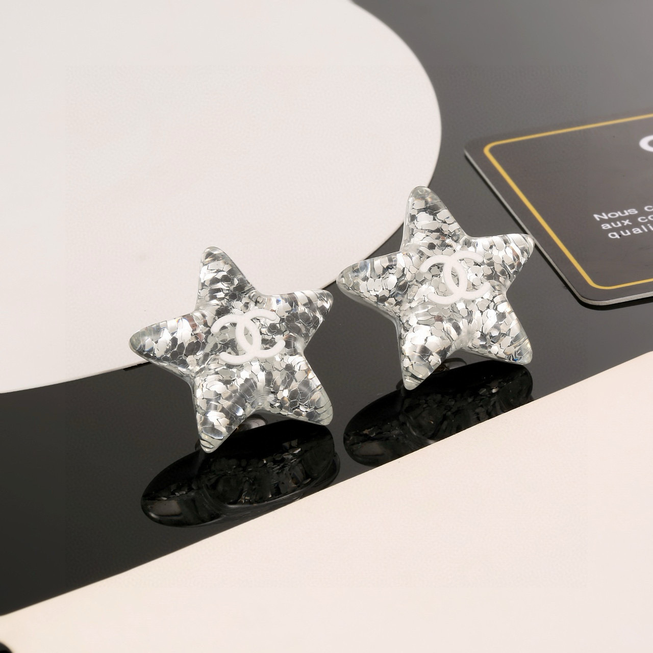 Luxury Silver Glitter Star Stud Earrings with Iconic CC Logo
