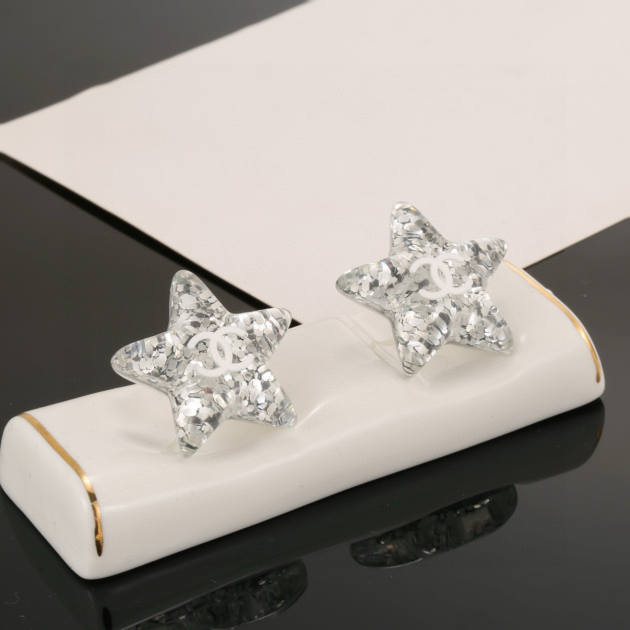 Luxury Silver Glitter Star Stud Earrings with Iconic CC Logo
