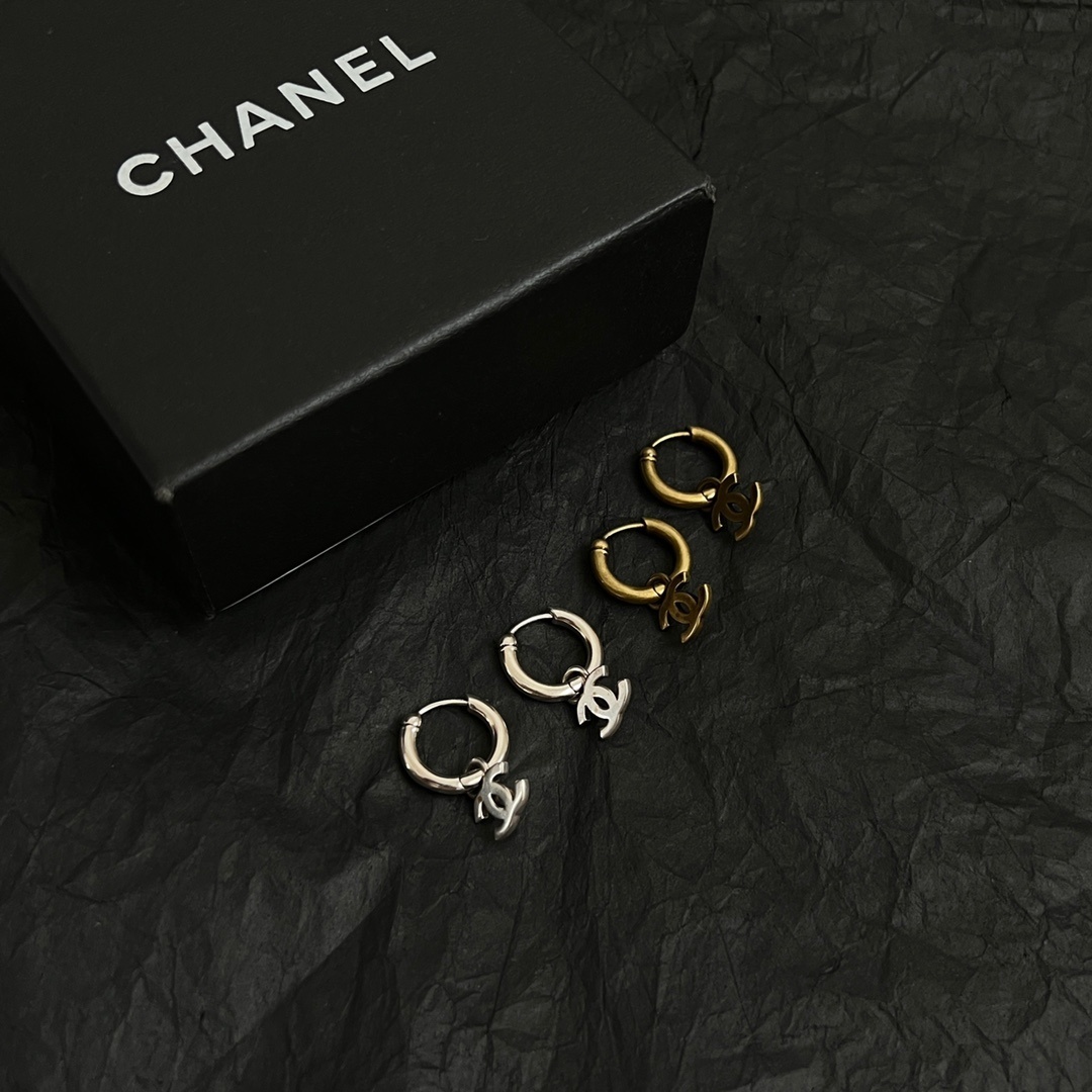 Vintage CC Logo Charm Hoop Earrings - Elegant Gold & Silver Finish