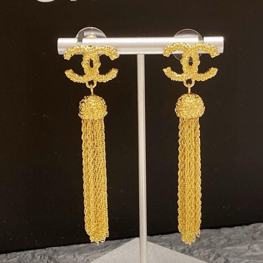 Vintage Gold CC Logo Long Tassel Earrings - Elegant Statement Jewelry