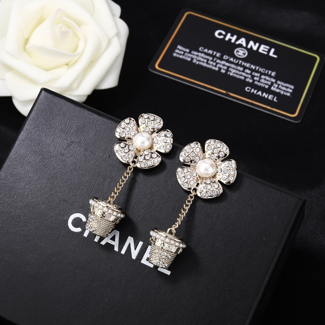 Elegant Crystal Flower & Pearl Bucket Drop Earrings - Gold Tone
