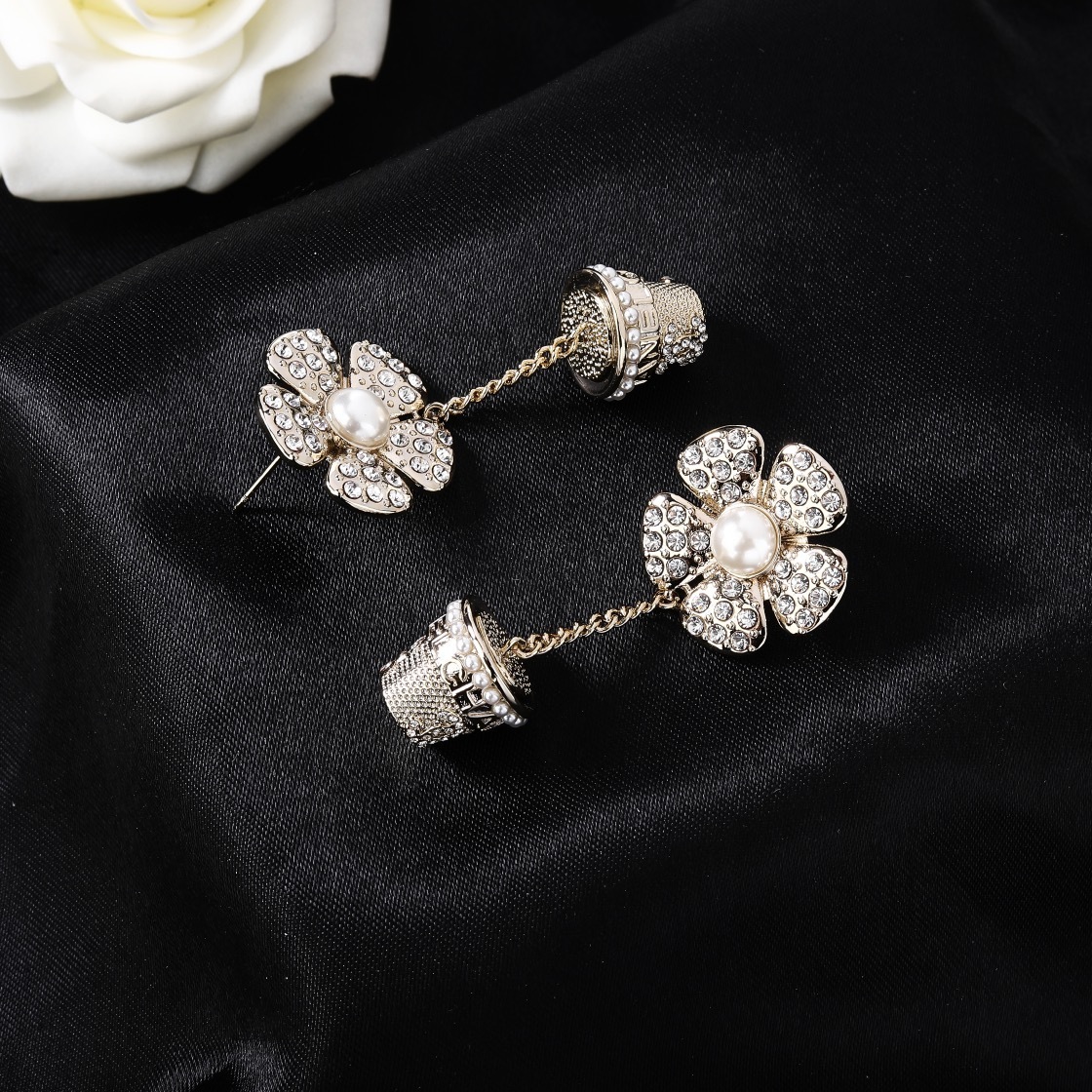 Elegant Crystal Flower & Pearl Bucket Drop Earrings - Gold Tone