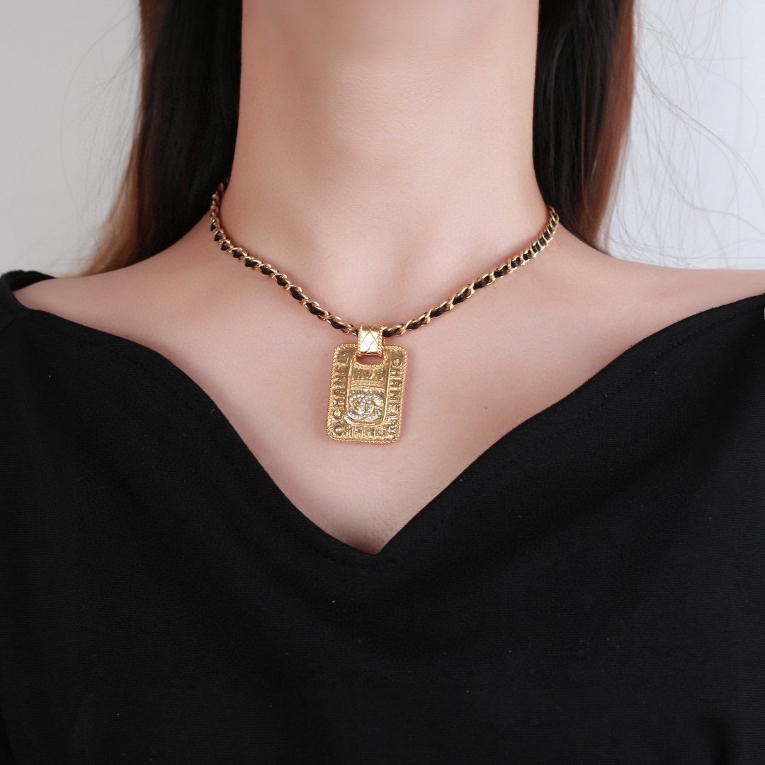 Chanel Gold CC Logo Rectangular Pendant Necklace - Leather Chain