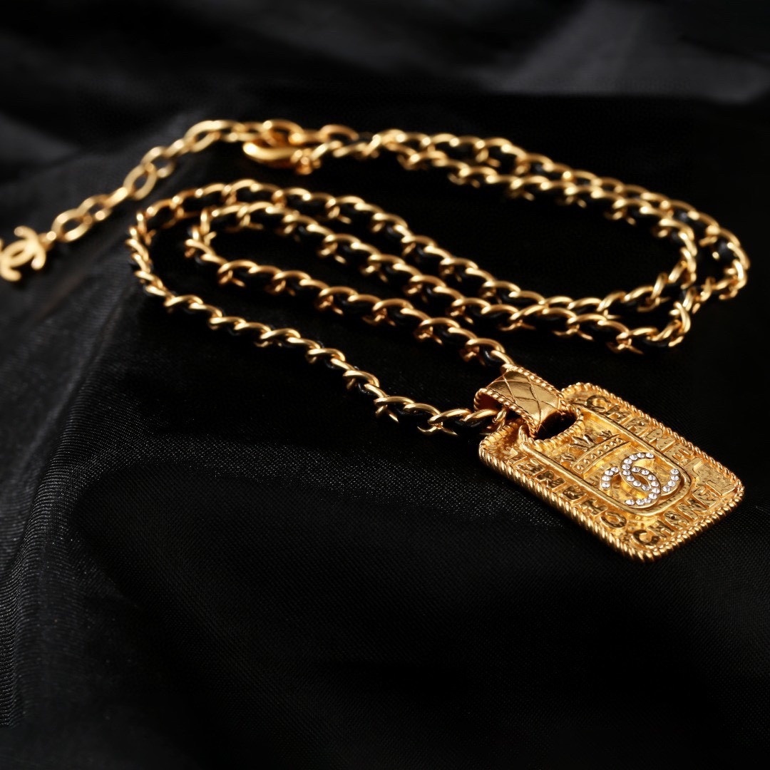 Chanel Gold CC Logo Rectangular Pendant Necklace - Leather Chain