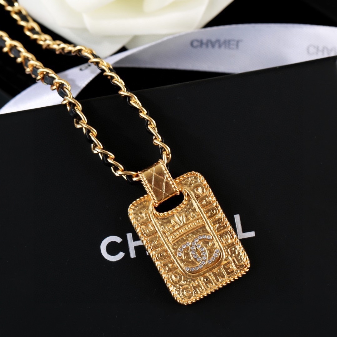 Chanel Gold CC Logo Rectangular Pendant Necklace - Leather Chain