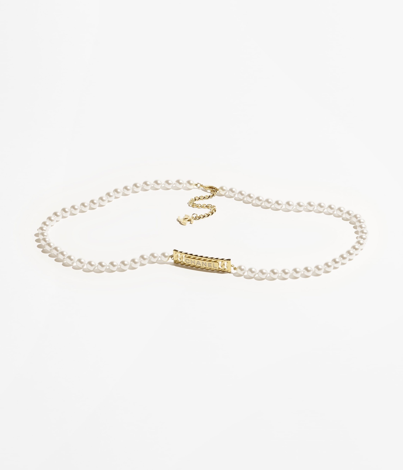 Elegant Chanel Pearl Waist Belt with Gold Crystal Logo Plaque