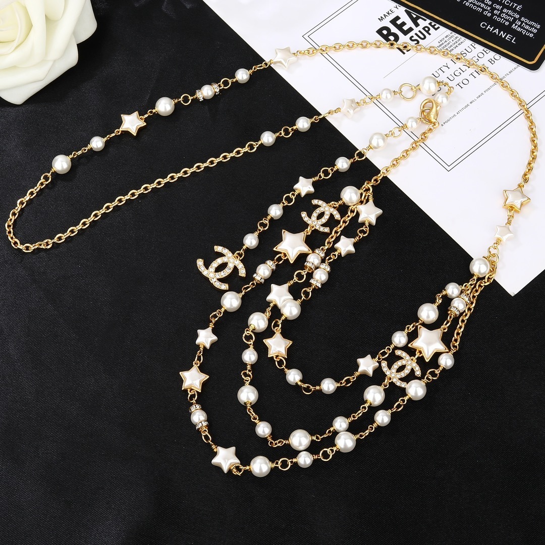 Elegant Multi-Layer Pearl Waist Chain with Star & CC Logo Charms