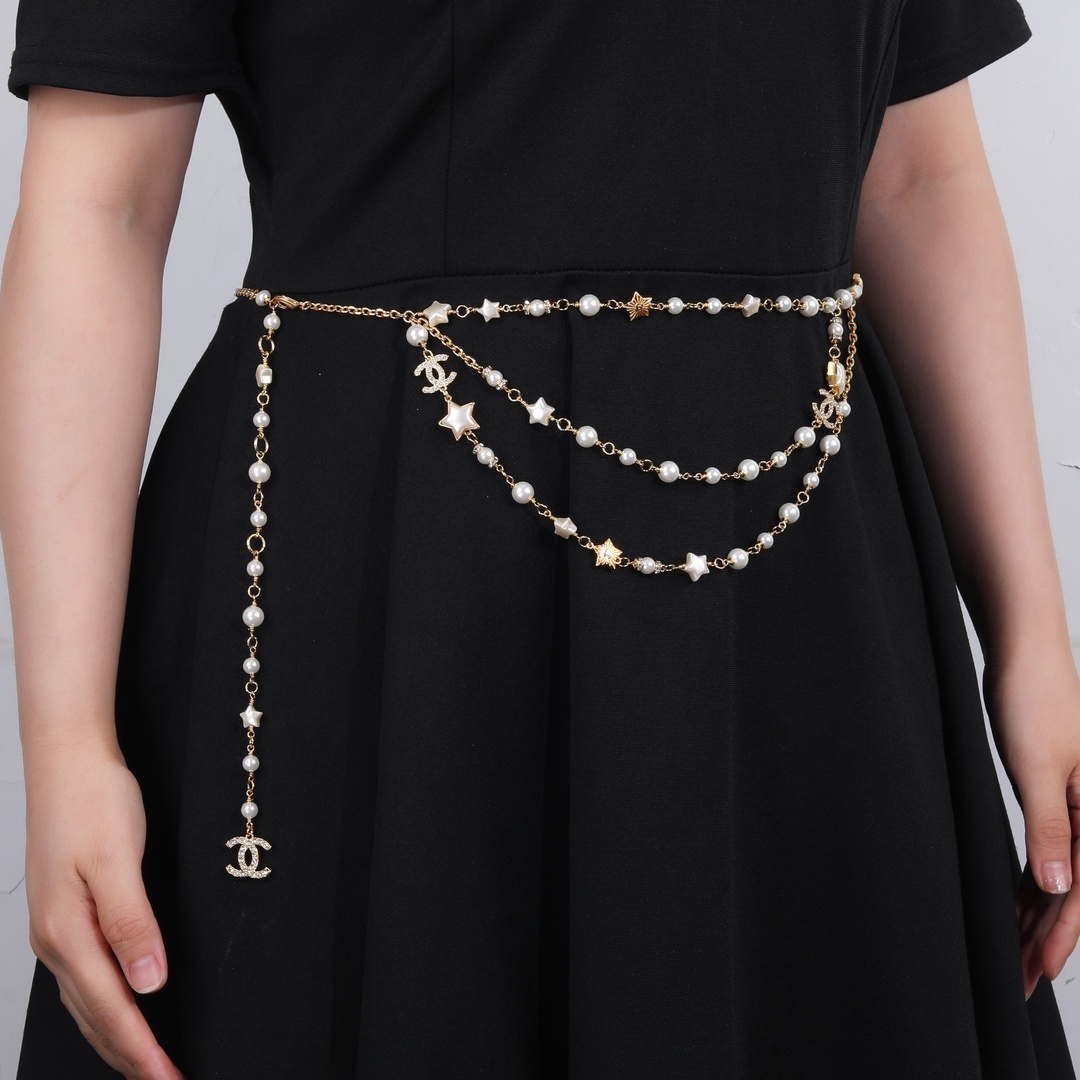Elegant Multi-Layer Pearl Waist Chain with Star & CC Logo Charms