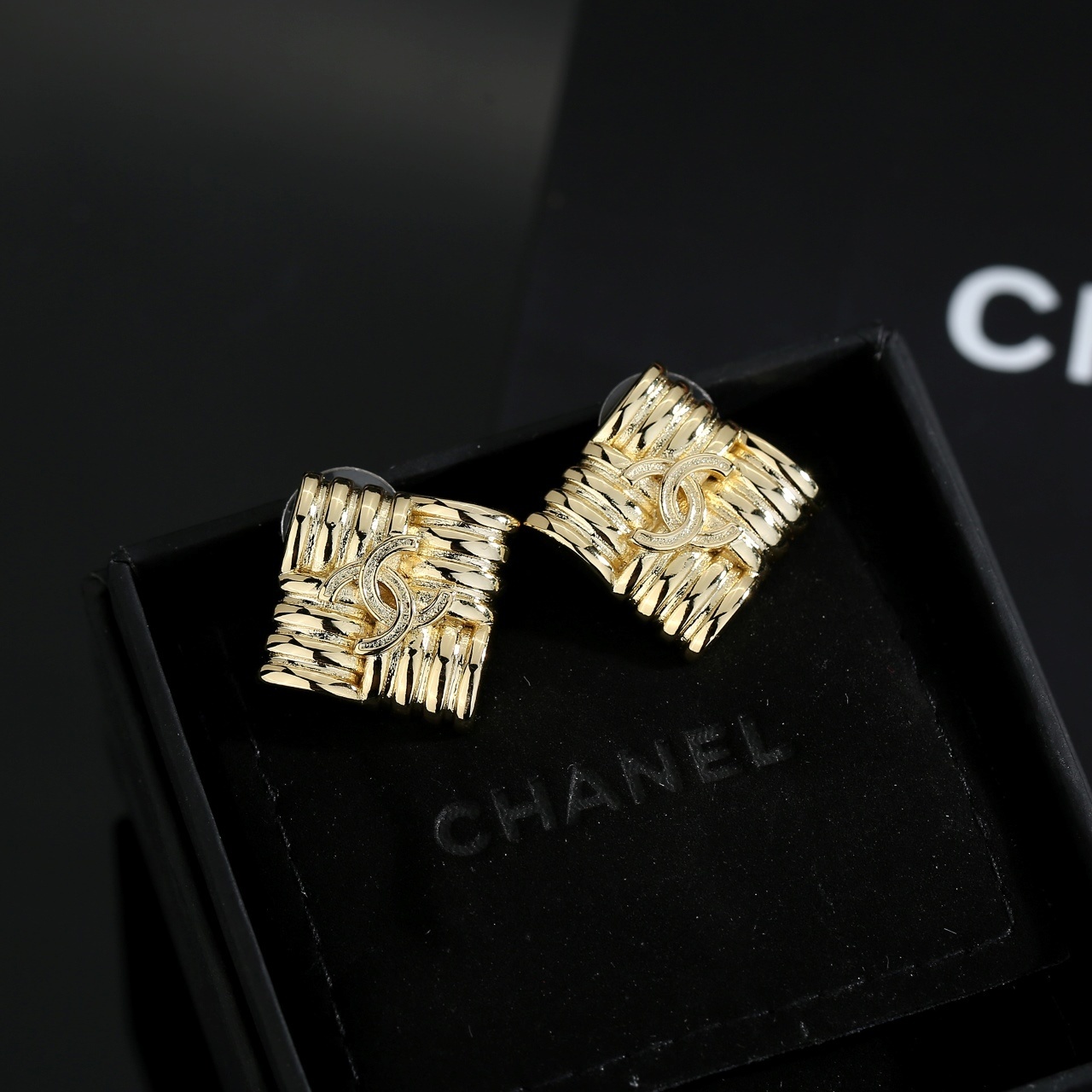 Luxury Gold-Plated Textured Square CC Stud Earrings - Elegant Gift