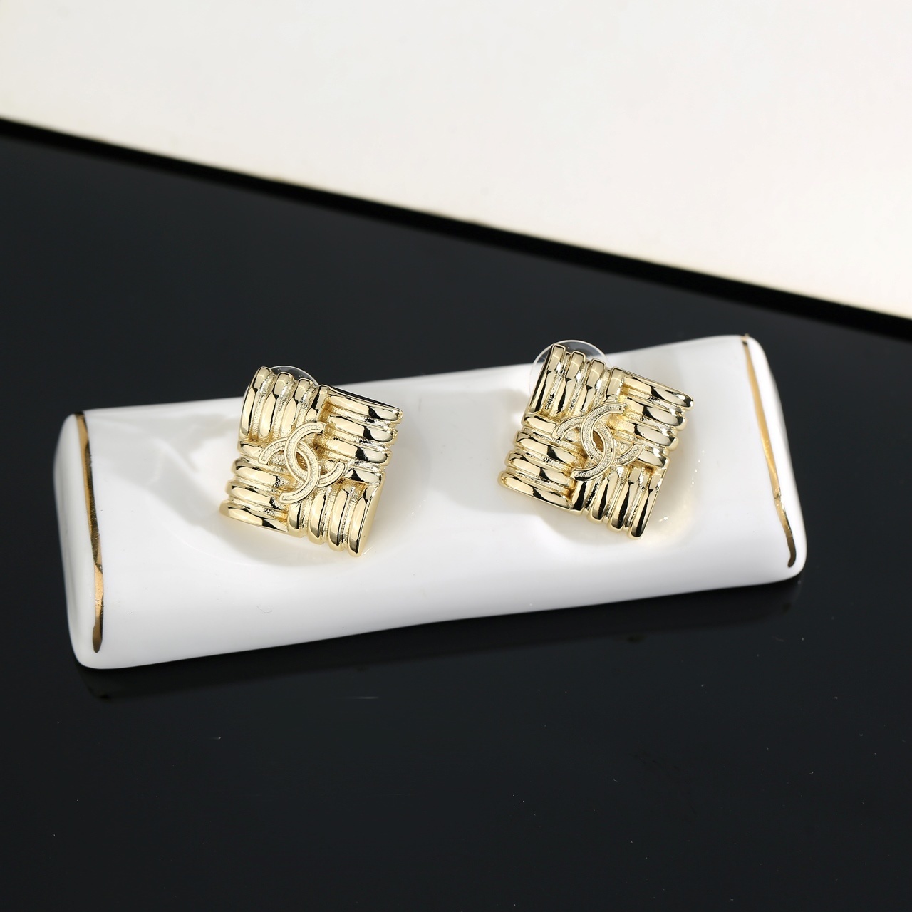 Luxury Gold-Plated Textured Square CC Stud Earrings - Elegant Gift