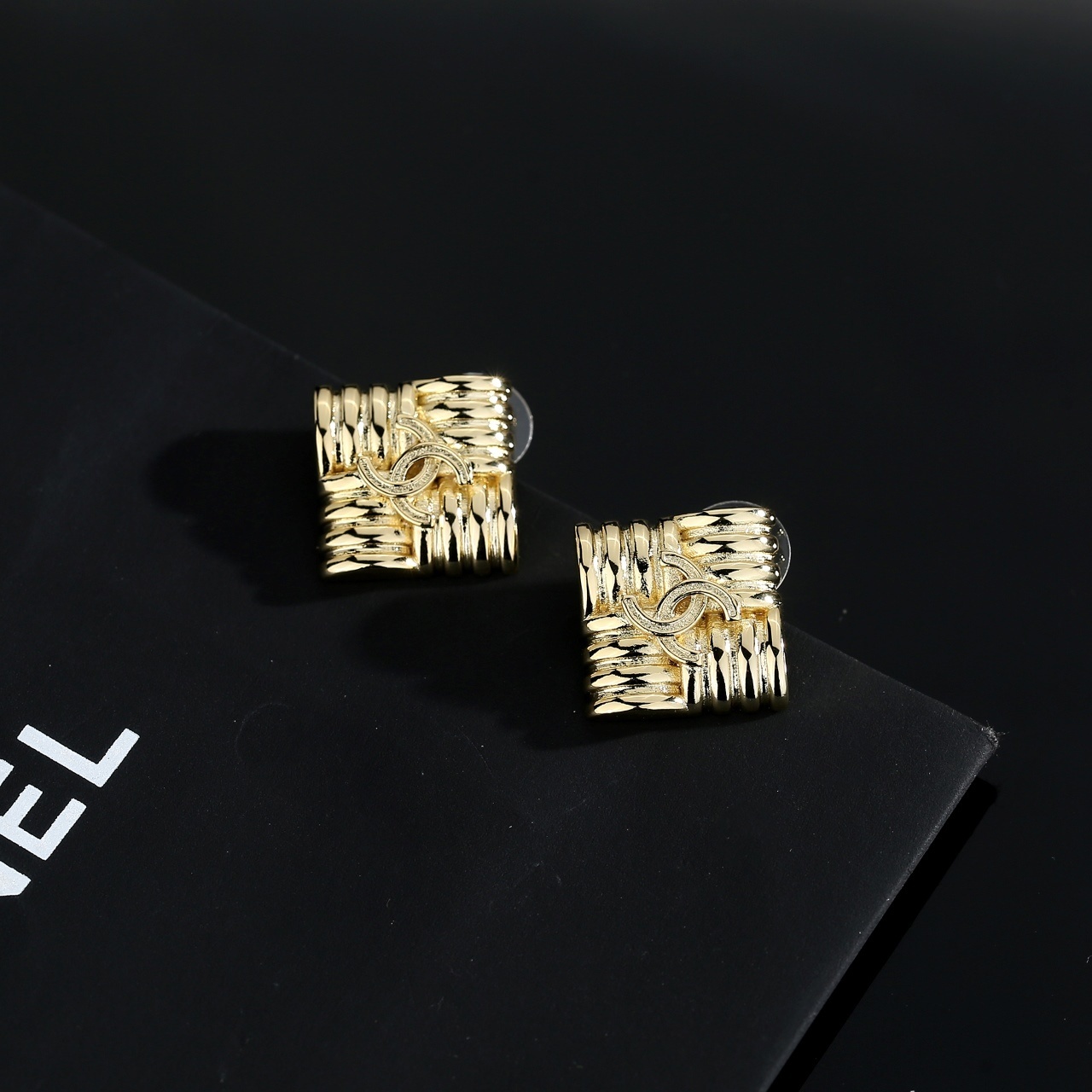 Luxury Gold-Plated Textured Square CC Stud Earrings - Elegant Gift