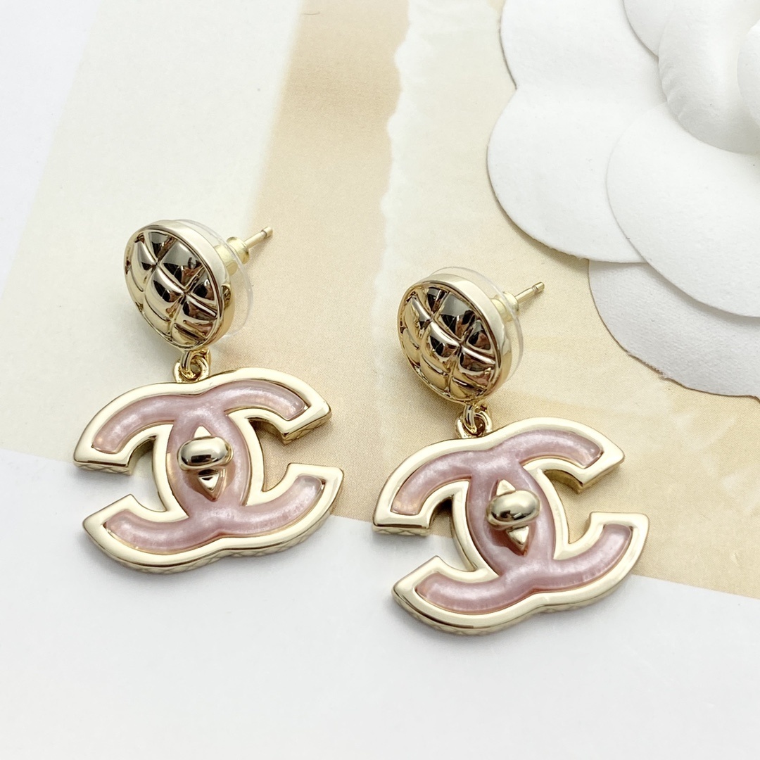 Luxury Gold Tone CC Logo Drop Earrings with Pink Enamel Inlay