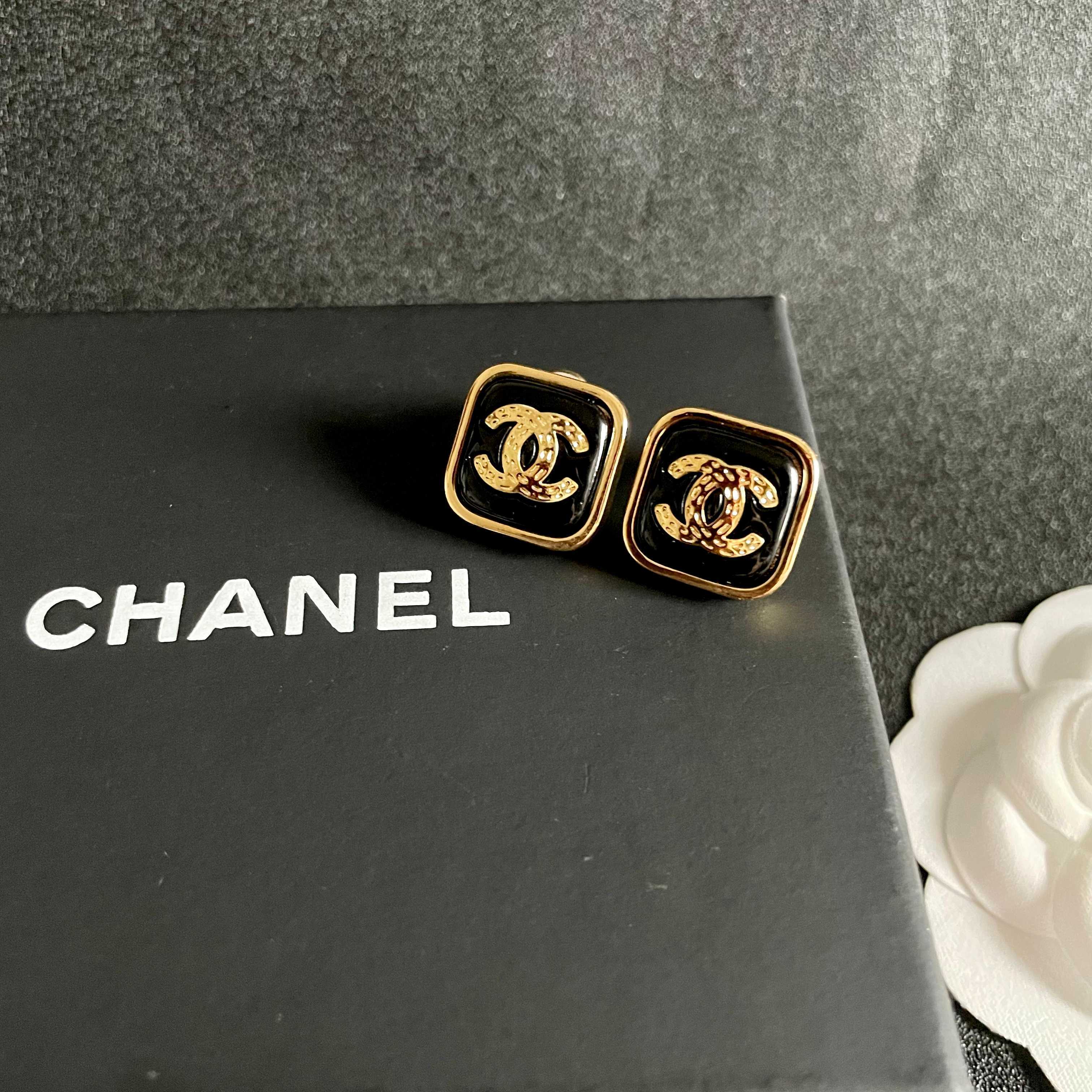 Luxury Black Enamel Square Stud Earrings with Gold CC Logo