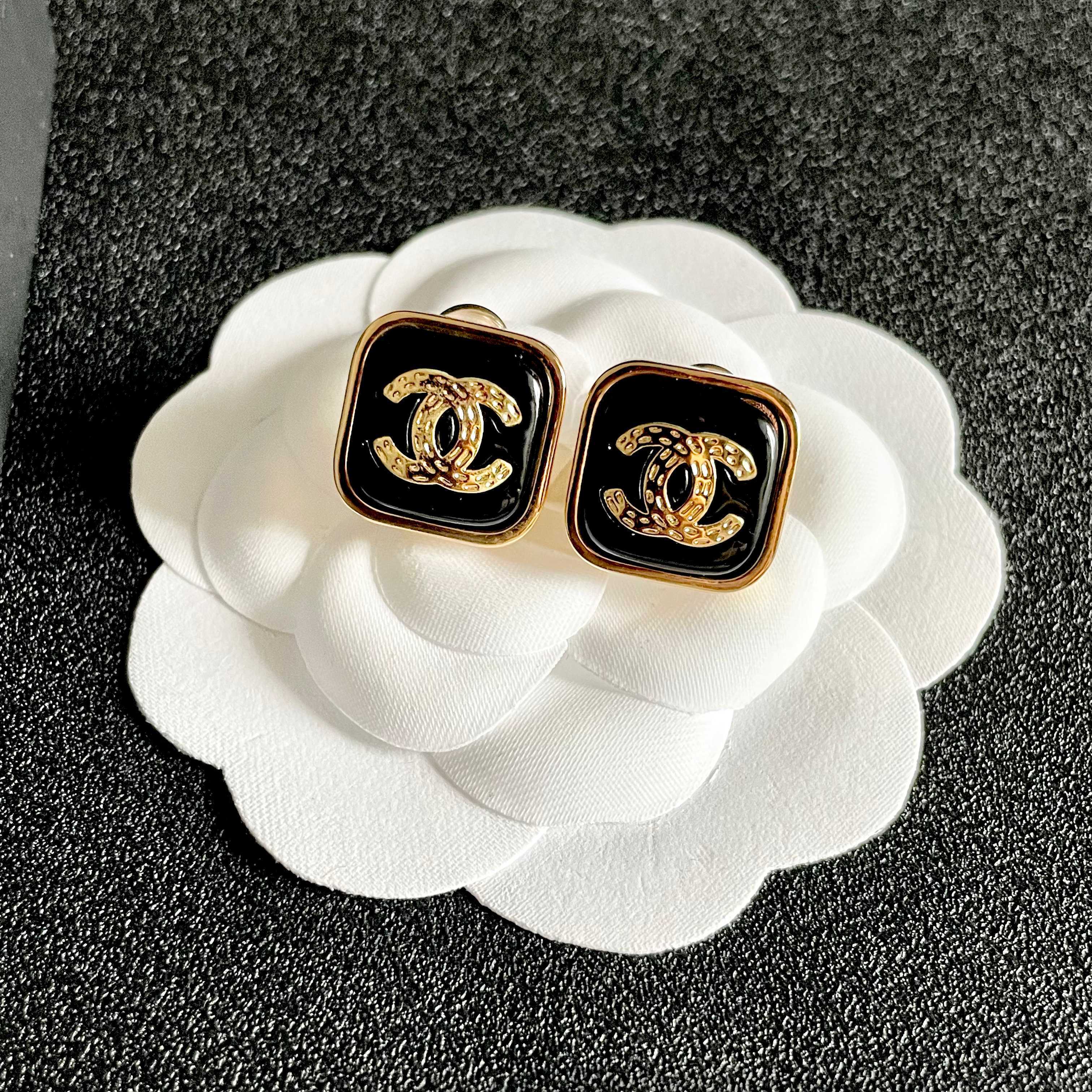 Luxury Black Enamel Square Stud Earrings with Gold CC Logo