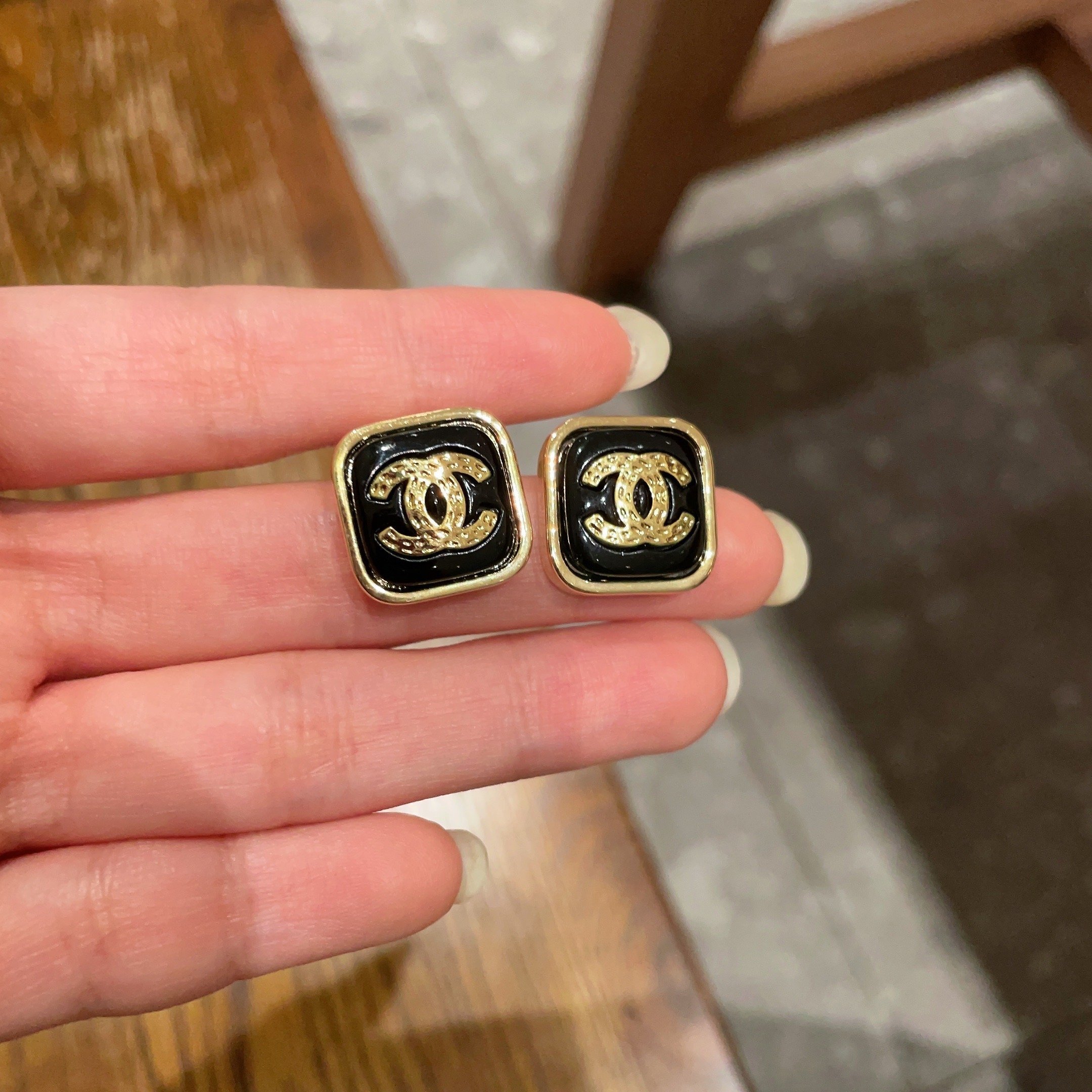 Luxury Black Enamel Square Stud Earrings with Gold CC Logo