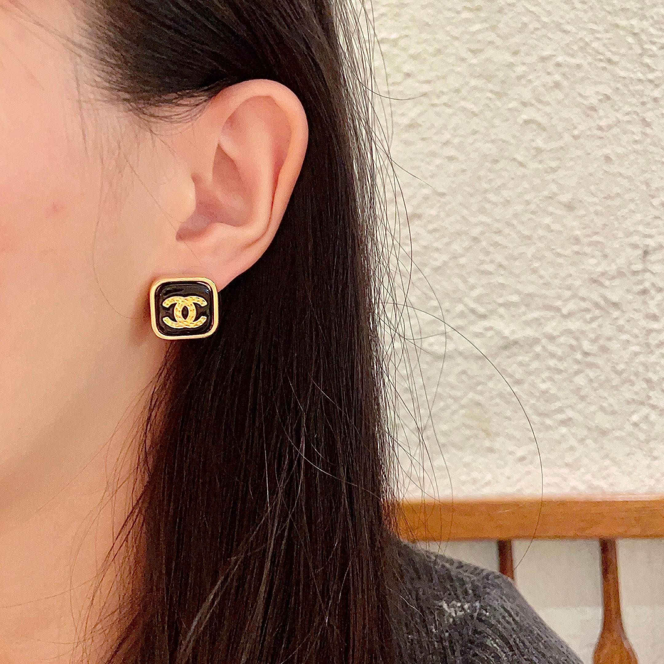 Luxury Black Enamel Square Stud Earrings with Gold CC Logo