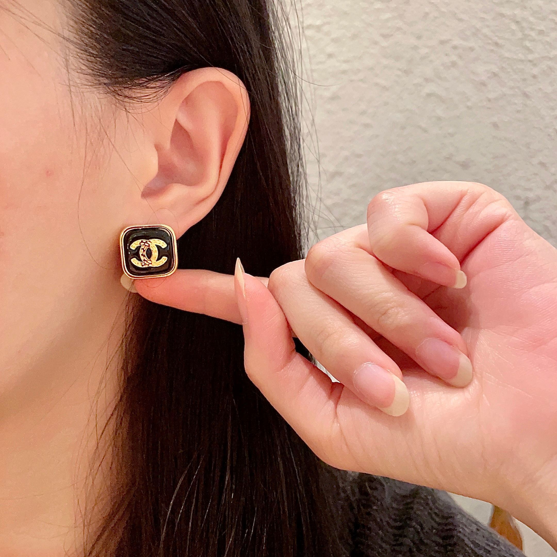 Luxury Black Enamel Square Stud Earrings with Gold CC Logo
