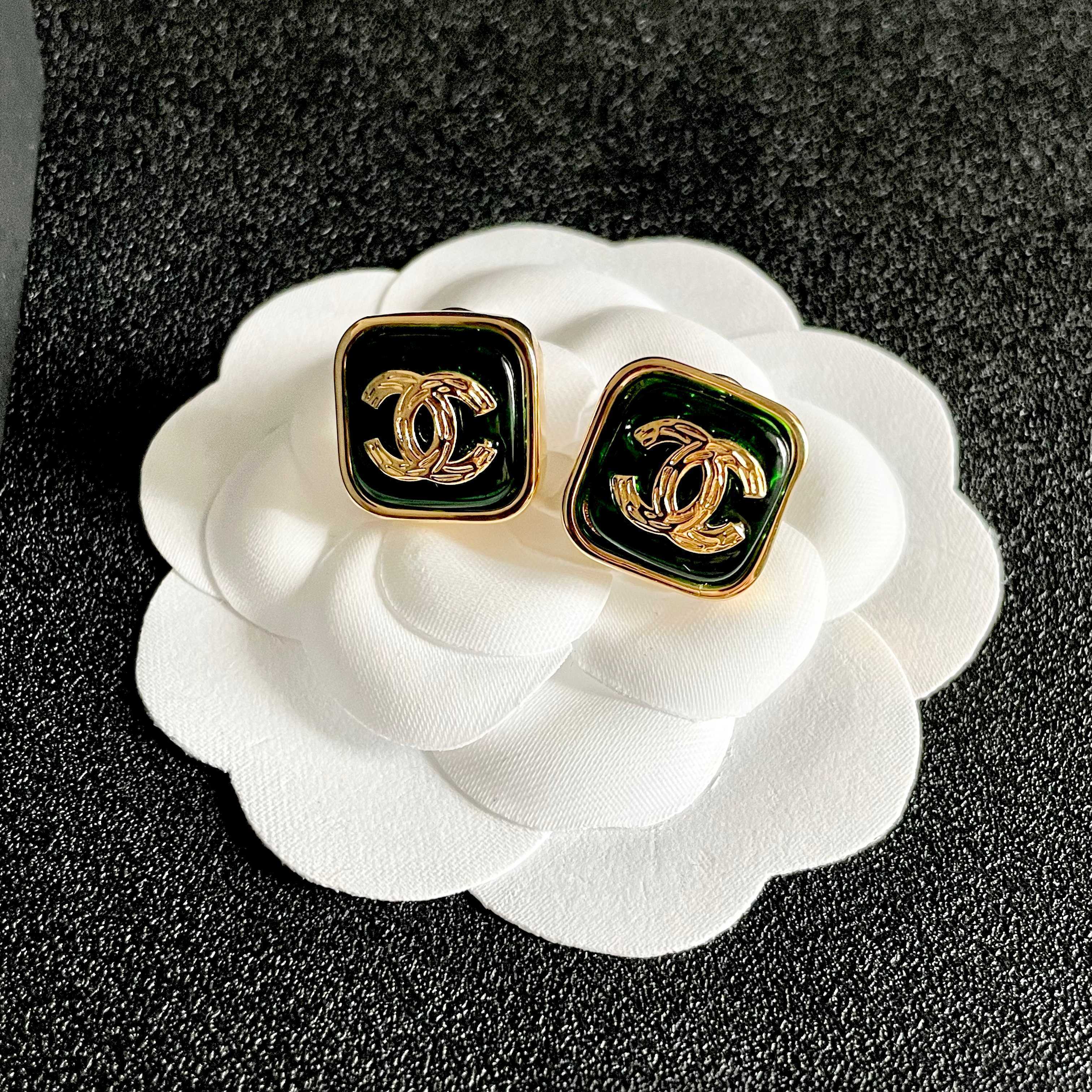Vintage Emerald Green Square Stud Earrings Gold Plated CC Design