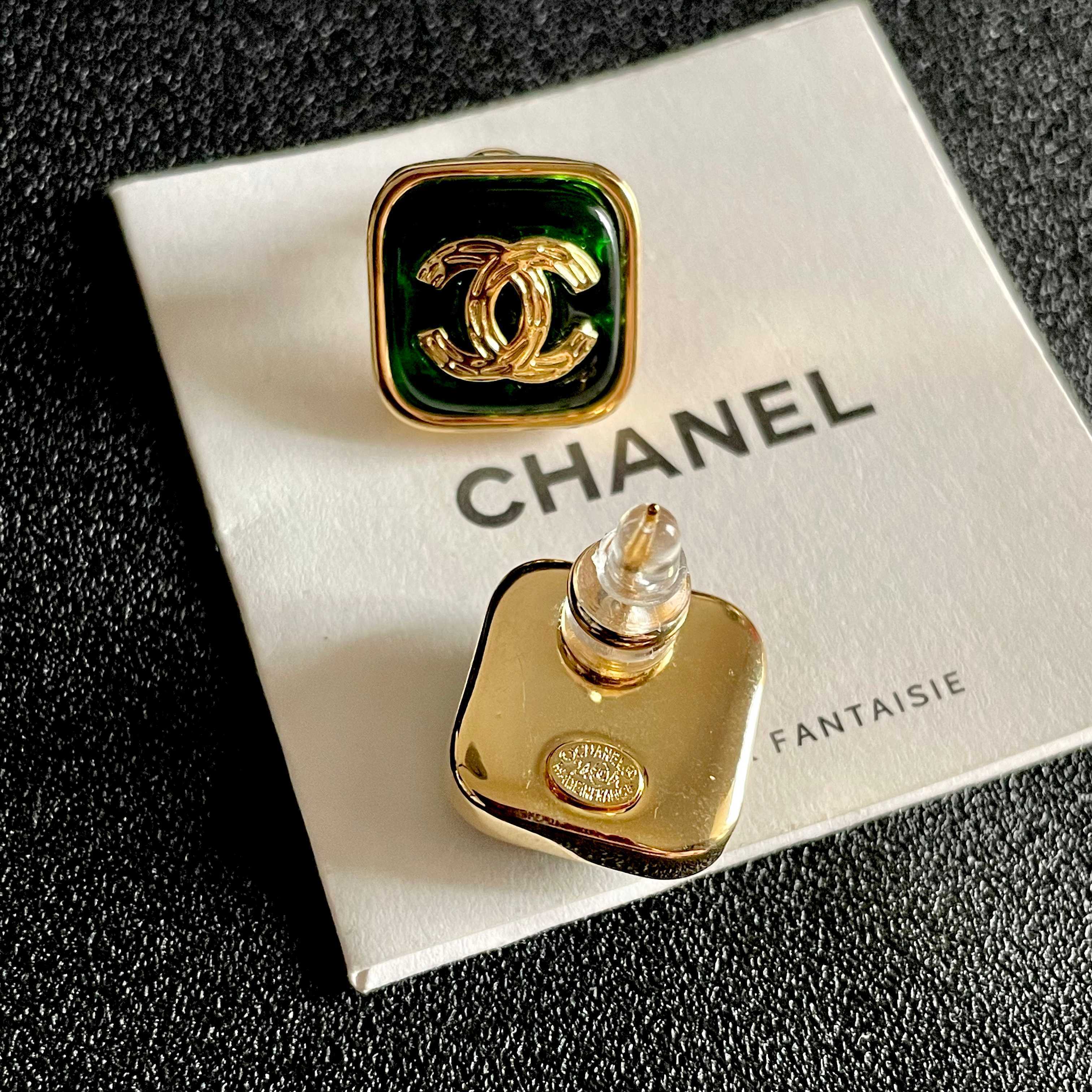 Vintage Emerald Green Square Stud Earrings Gold Plated CC Design