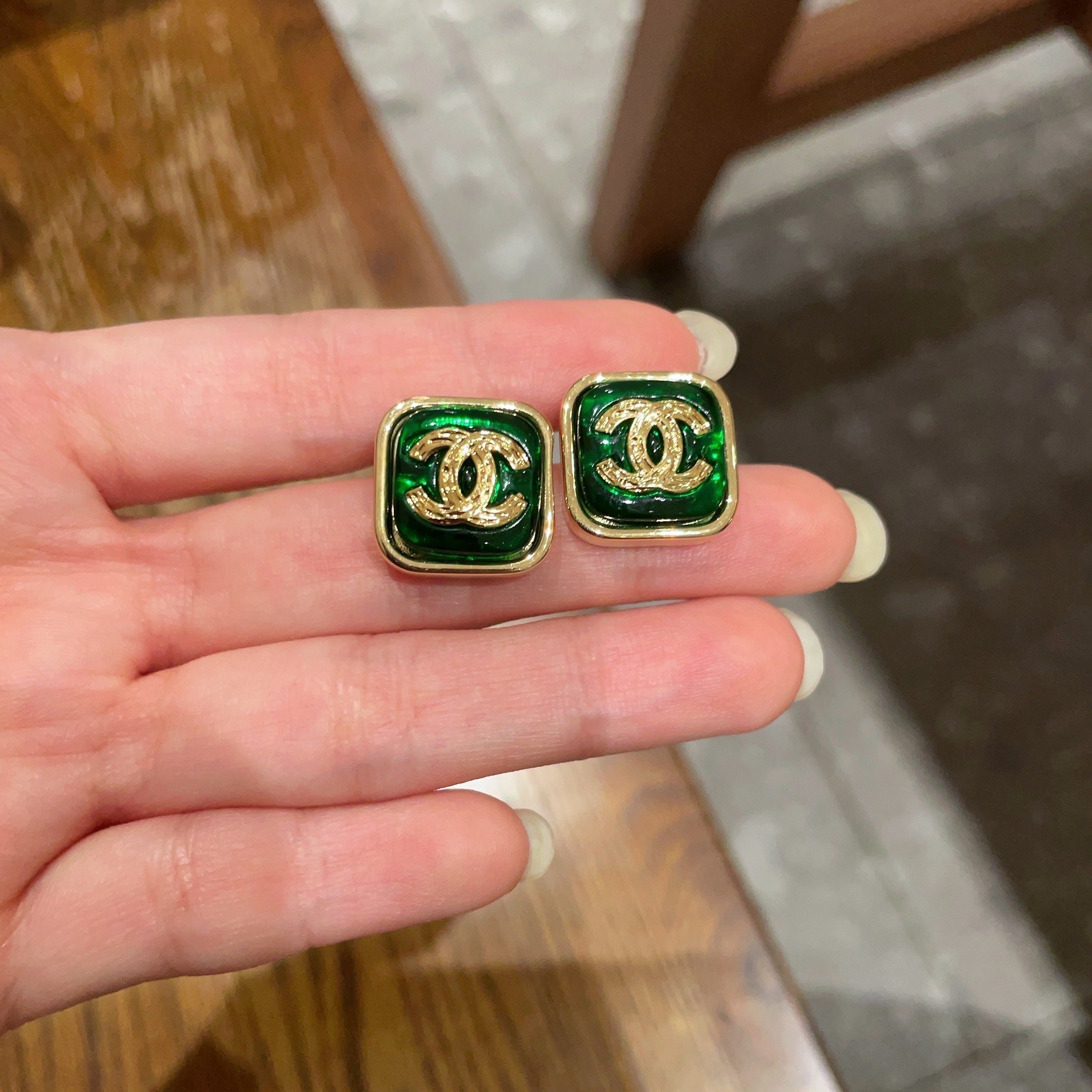 Vintage Emerald Green Square Stud Earrings Gold Plated CC Design
