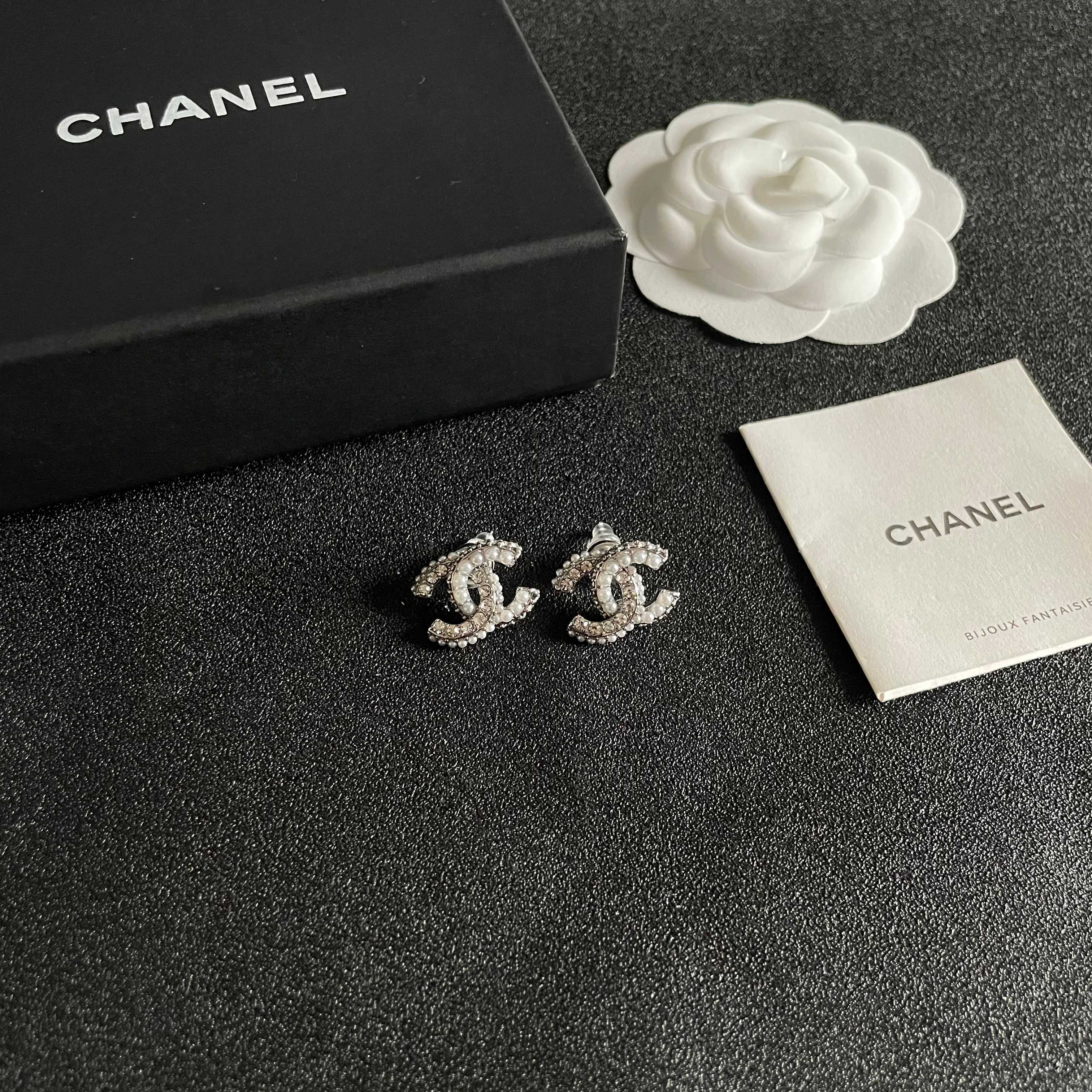 Luxury Double C Pearl & Crystal Stud Earrings for Women