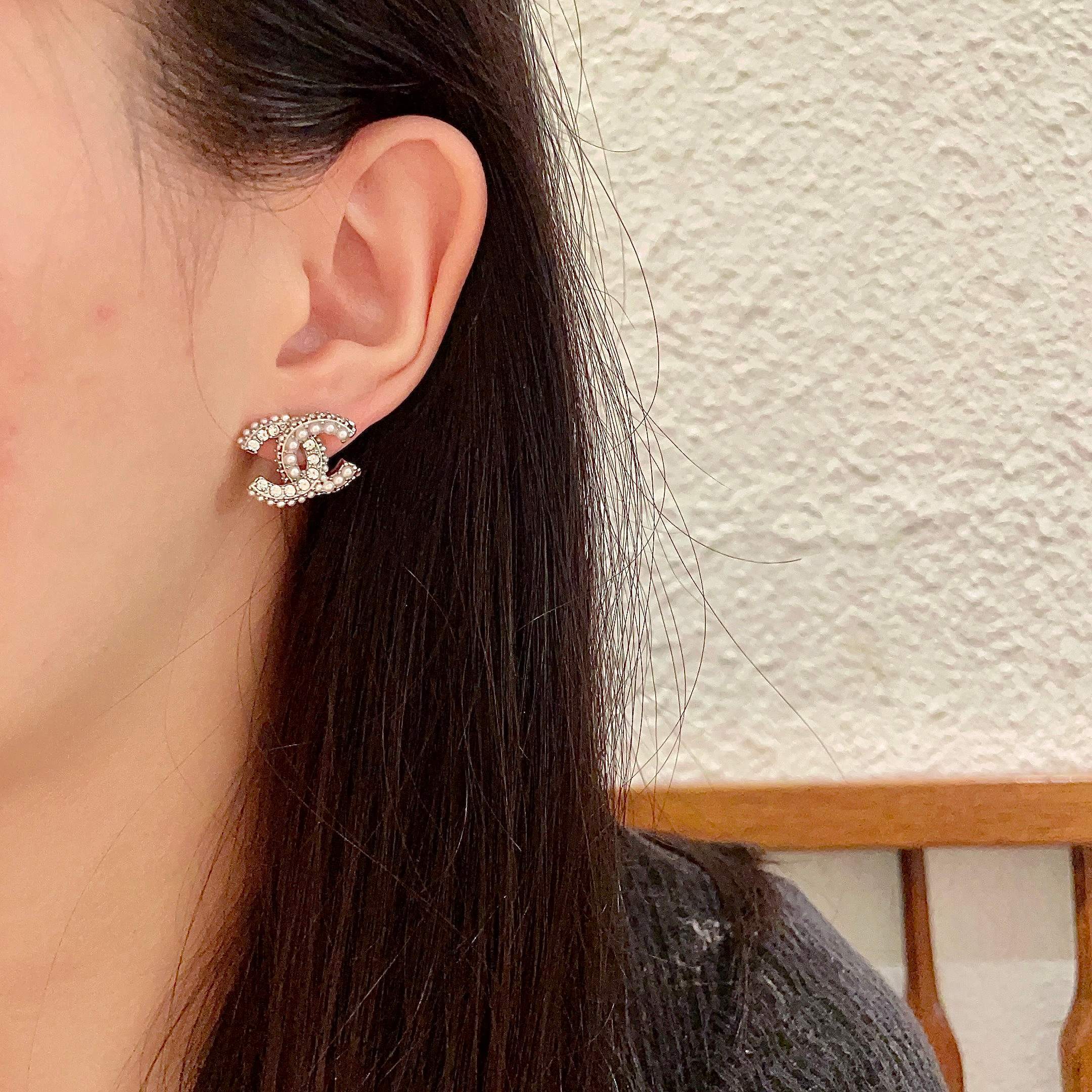 Luxury Double C Pearl & Crystal Stud Earrings for Women