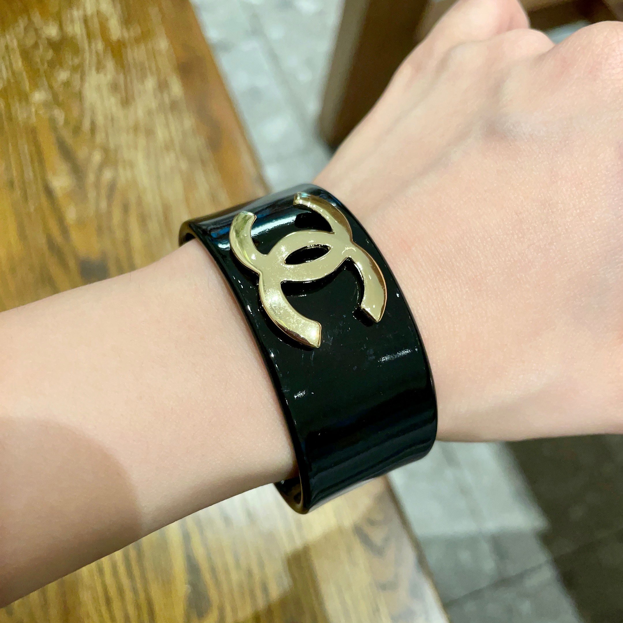 Chanel Resin Cuff Bangle with Gold CC Logo – Black & White
