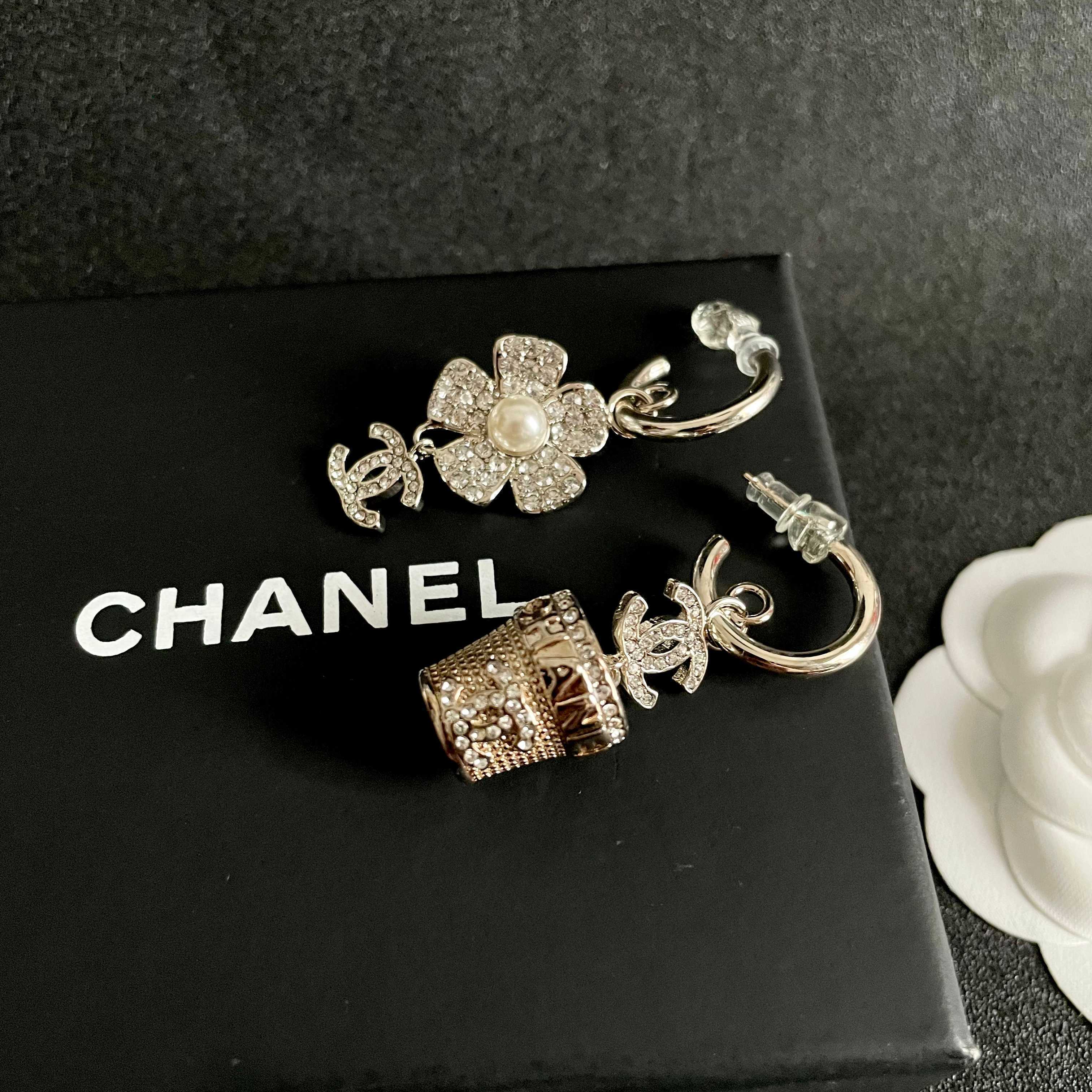 Elegant Rhinestone Camellia & CC Logo Mismatched Drop Earrings