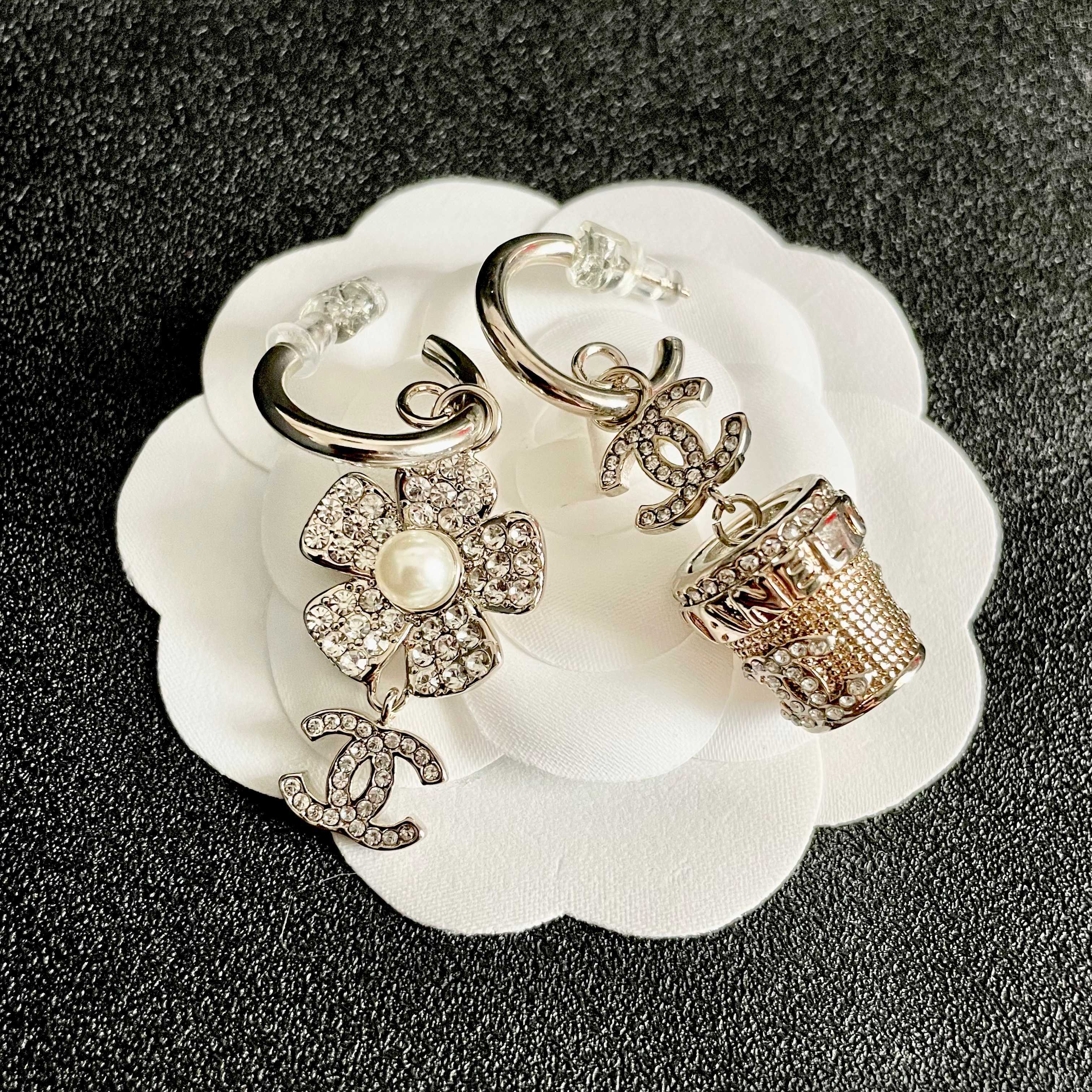 Elegant Rhinestone Camellia & CC Logo Mismatched Drop Earrings