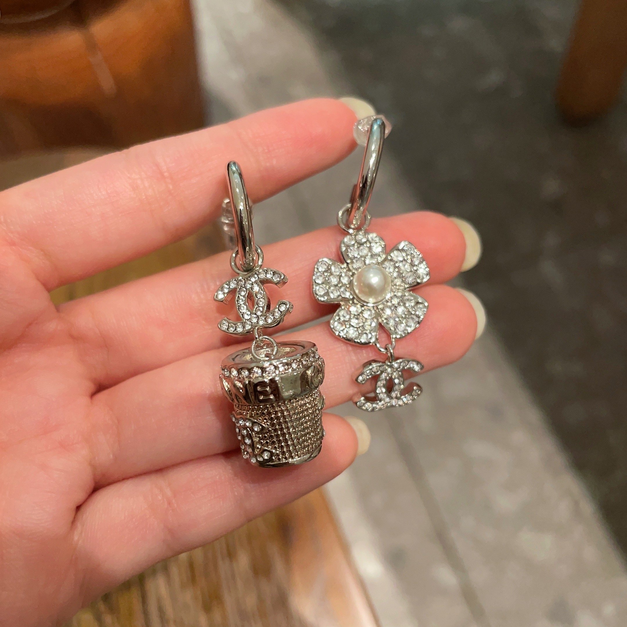 Elegant Rhinestone Camellia & CC Logo Mismatched Drop Earrings