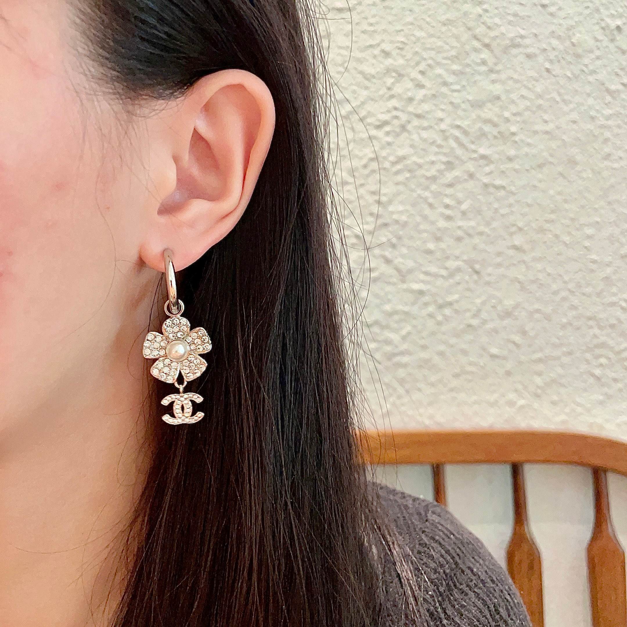 Elegant Rhinestone Camellia & CC Logo Mismatched Drop Earrings