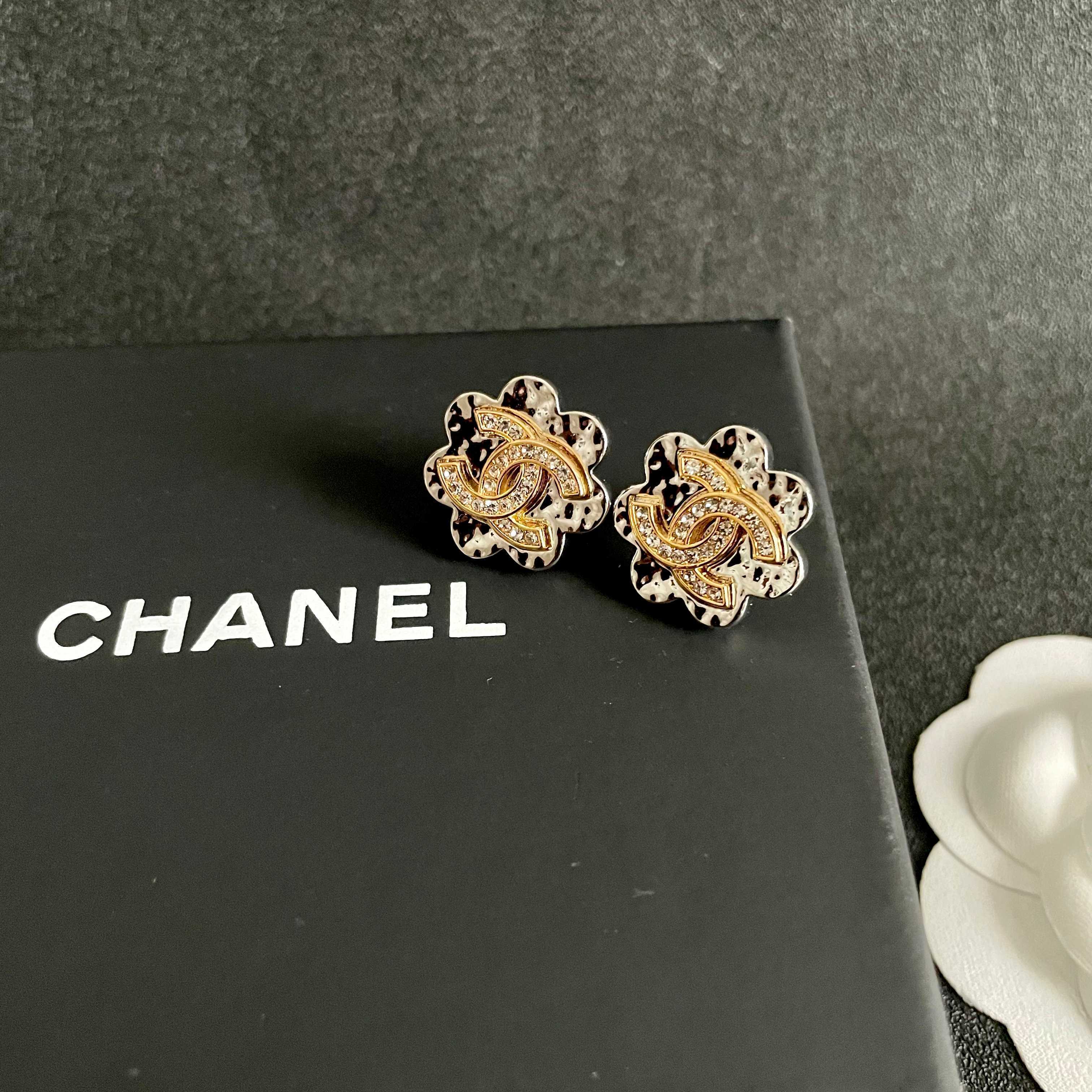 Luxury Crystal Camellia Flower Stud Earrings with CC Logo