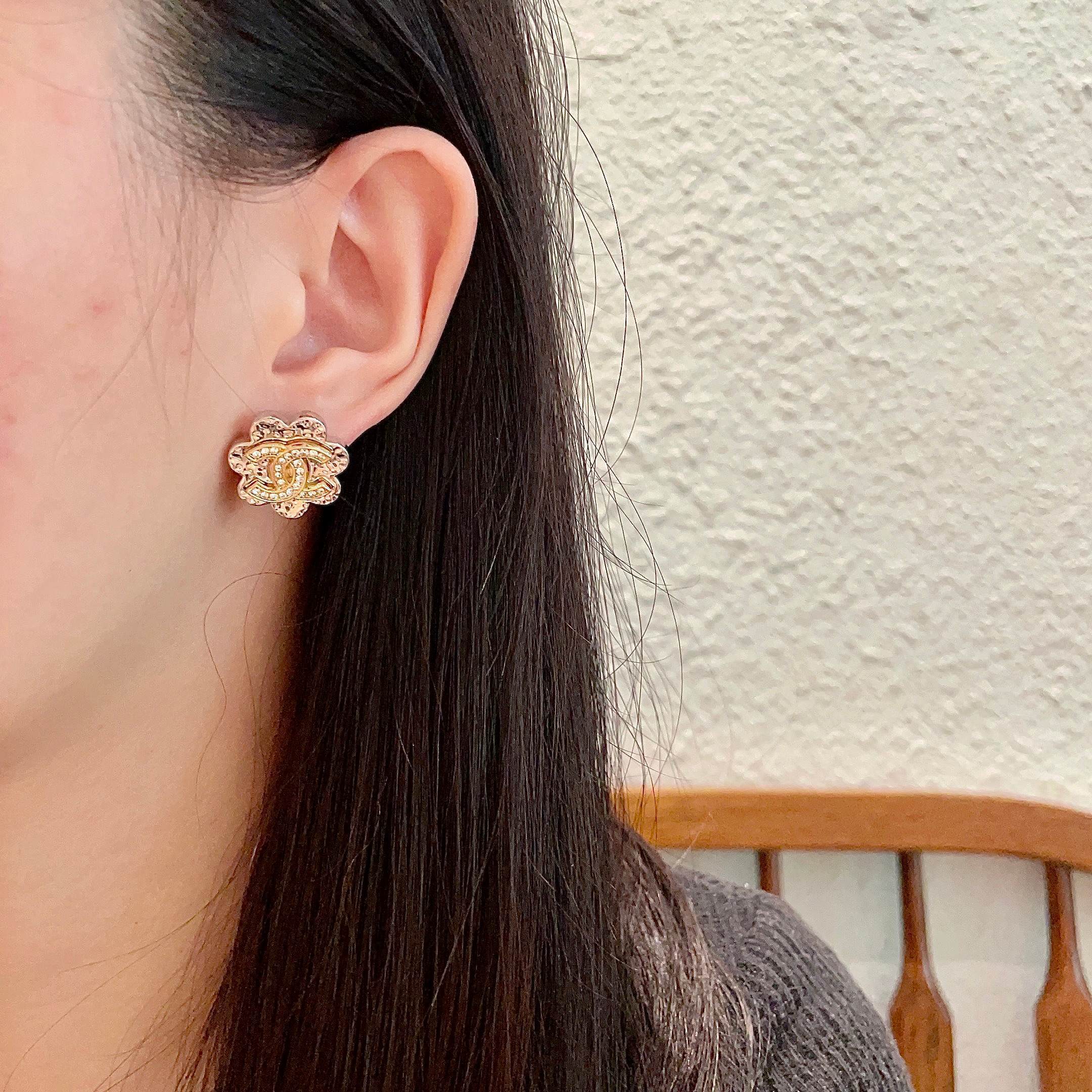 Luxury Crystal Camellia Flower Stud Earrings with CC Logo