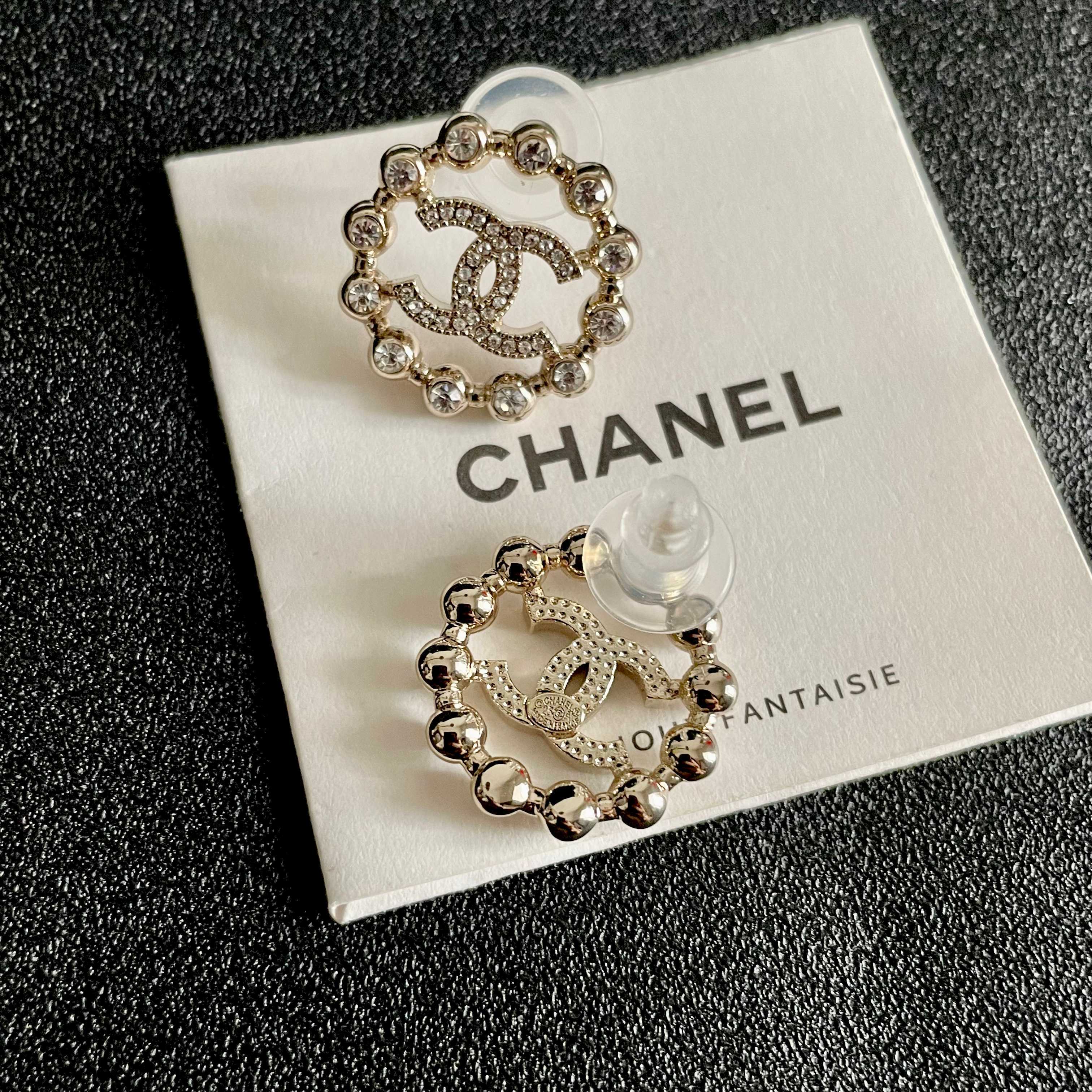 Elegant Rhinestone Double C Circle Stud Earrings in Gold Finish