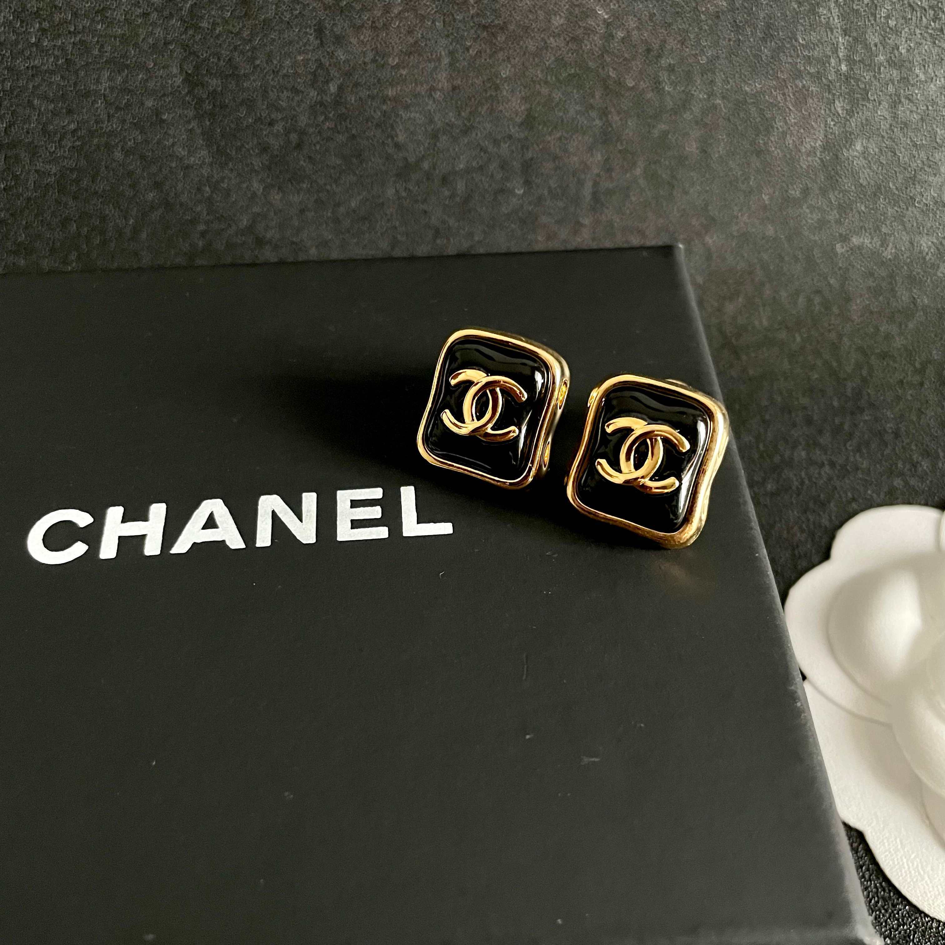 Chanel CC Logo Square Stud Earrings - Elegant Gold Tone Jewelry