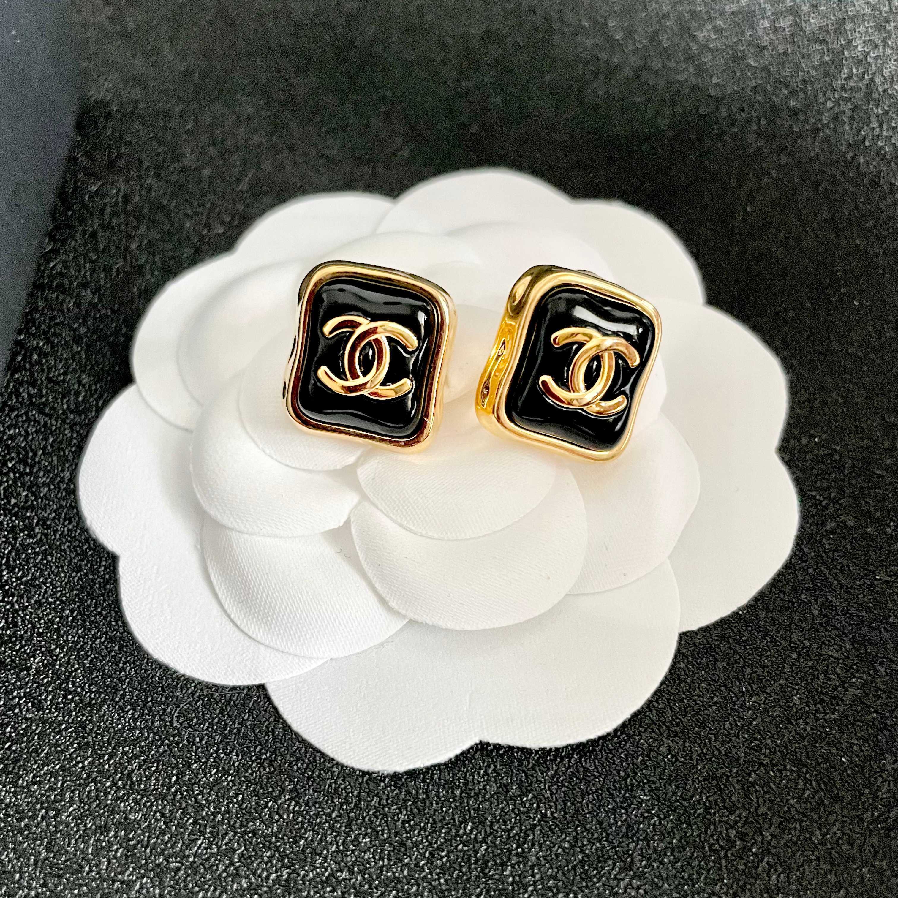 Chanel CC Logo Square Stud Earrings - Elegant Gold Tone Jewelry