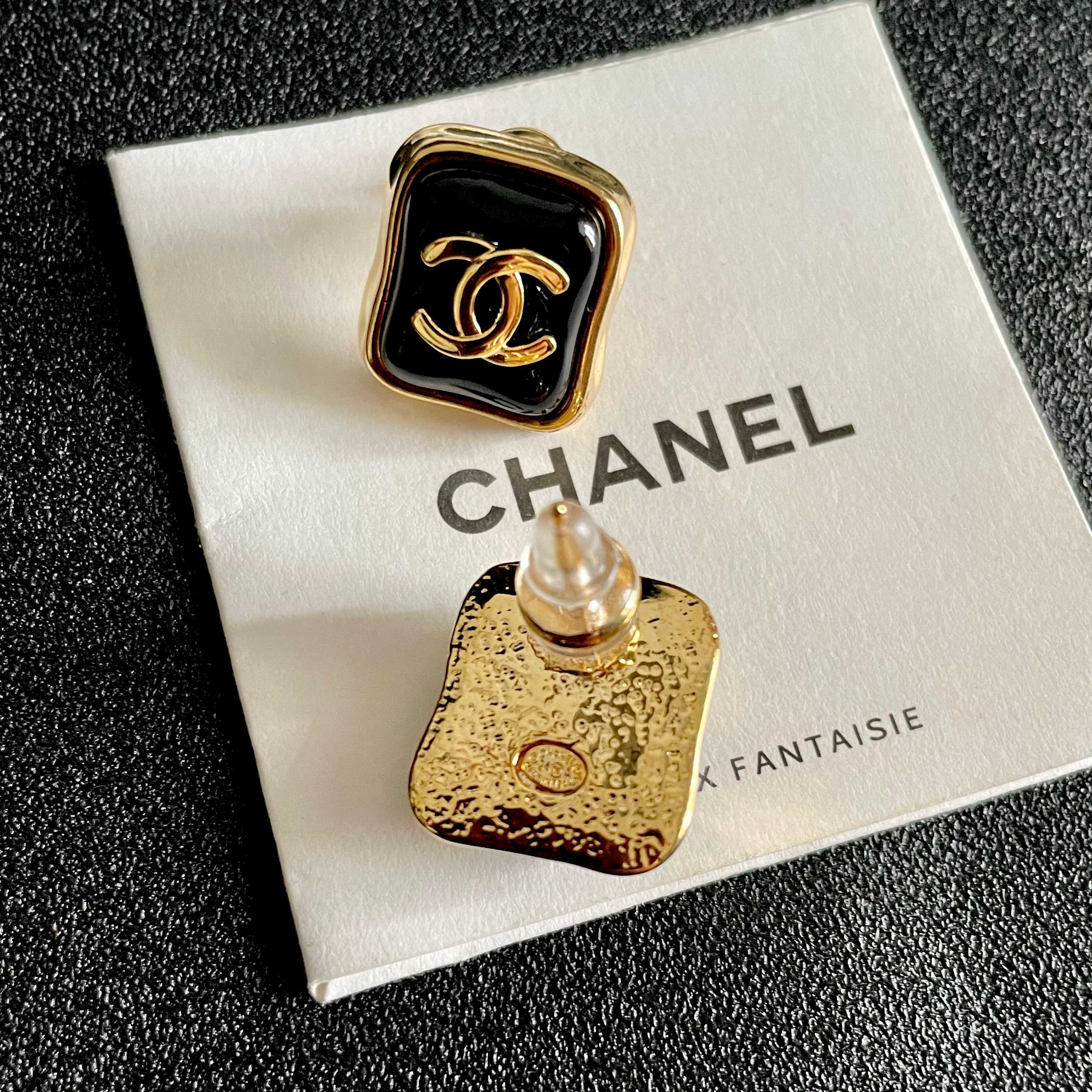 Chanel CC Logo Square Stud Earrings - Elegant Gold Tone Jewelry