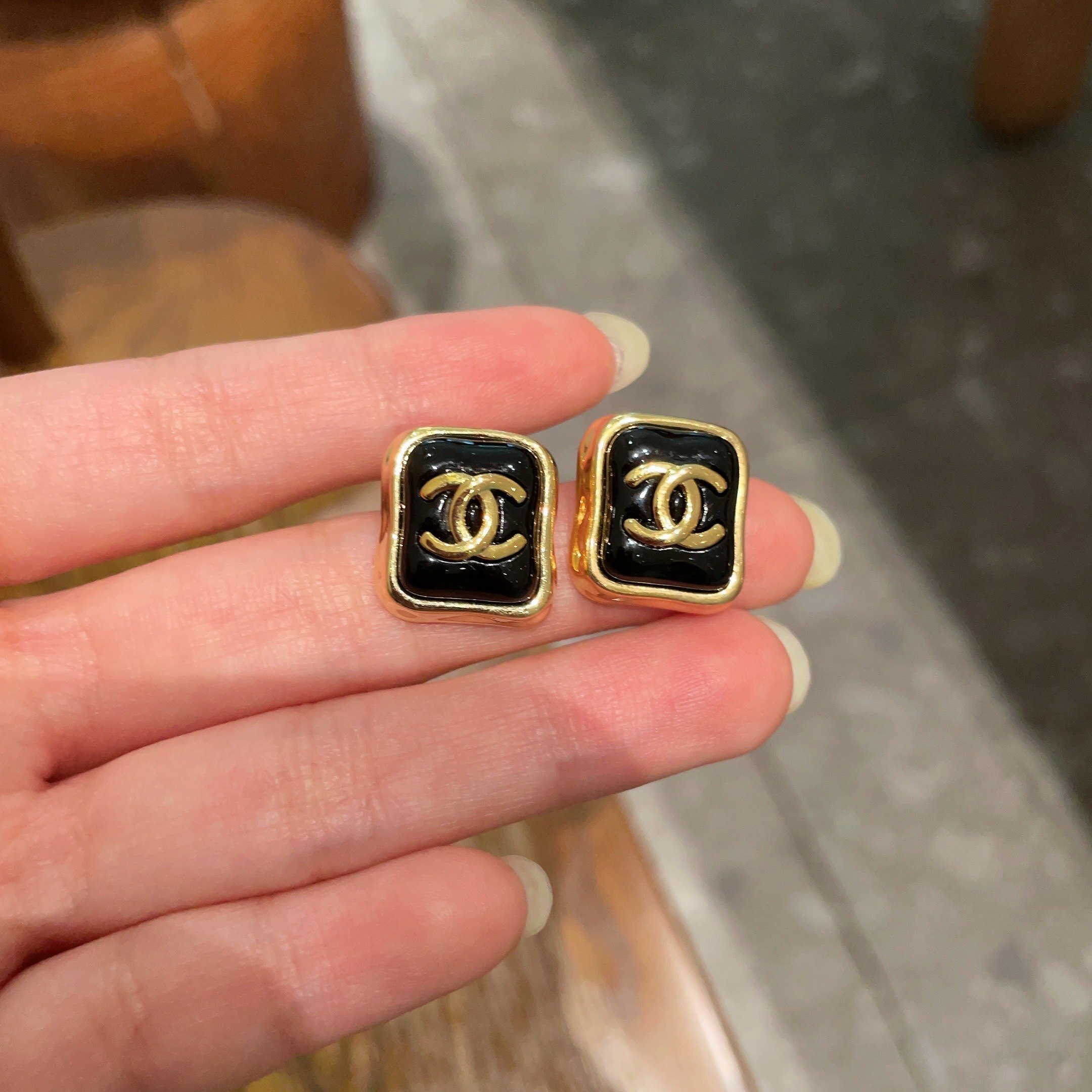 Chanel CC Logo Square Stud Earrings - Elegant Gold Tone Jewelry