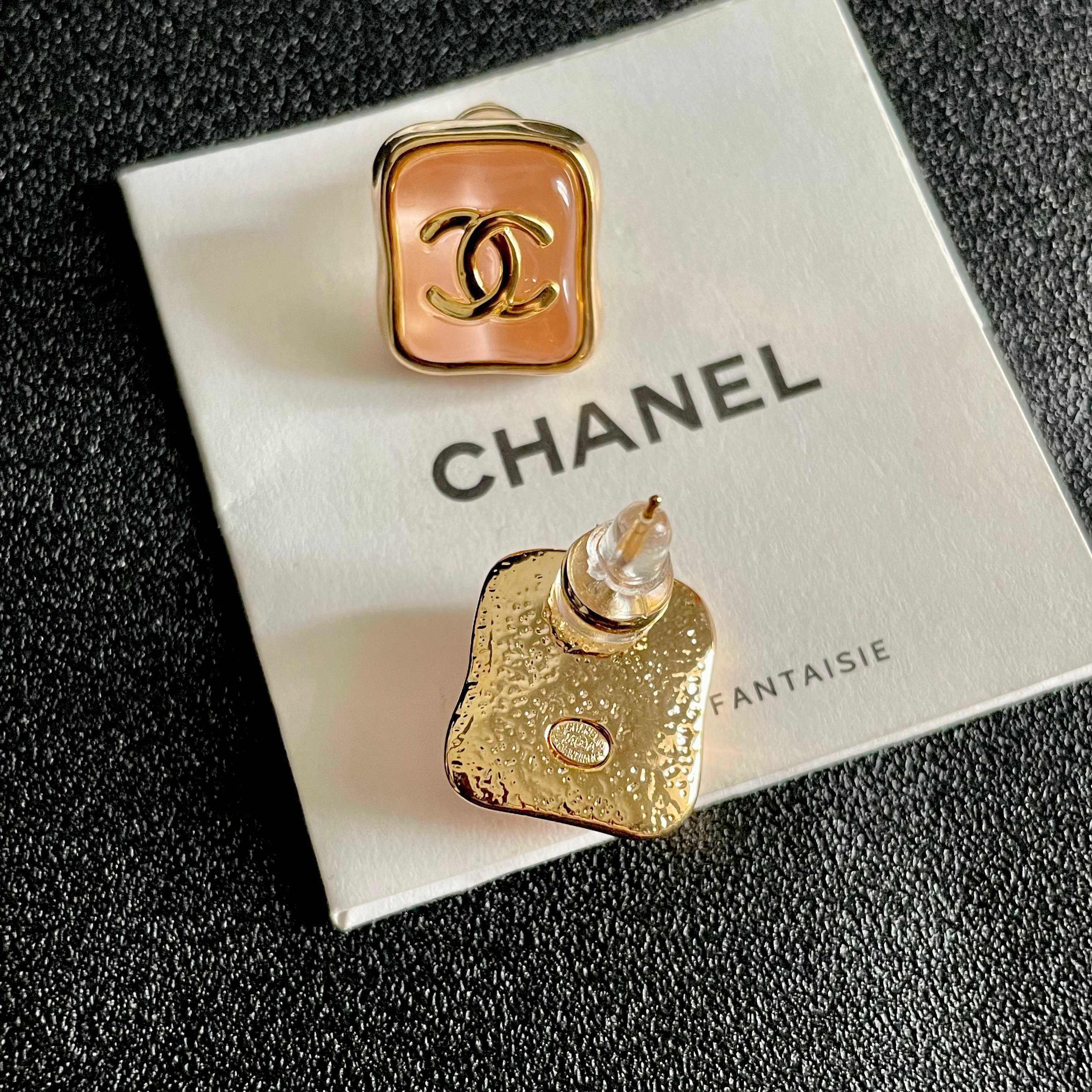 Elegant Square CC Logo Stud Earrings in Peach Pink and Gold