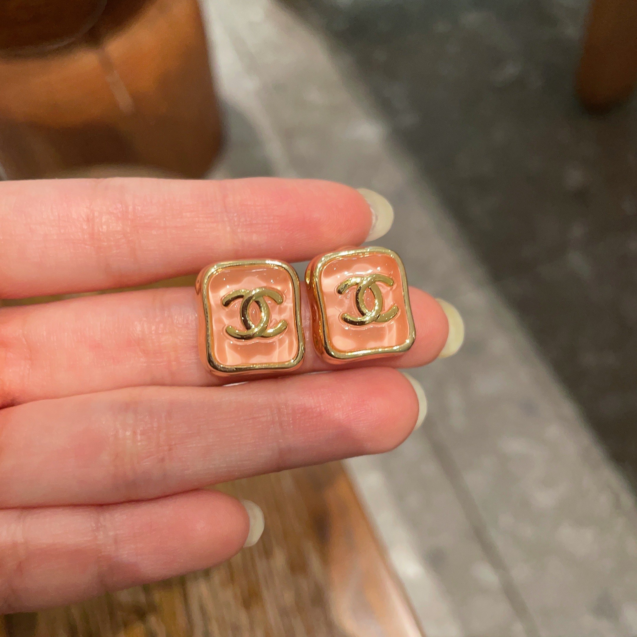 Elegant Square CC Logo Stud Earrings in Peach Pink and Gold