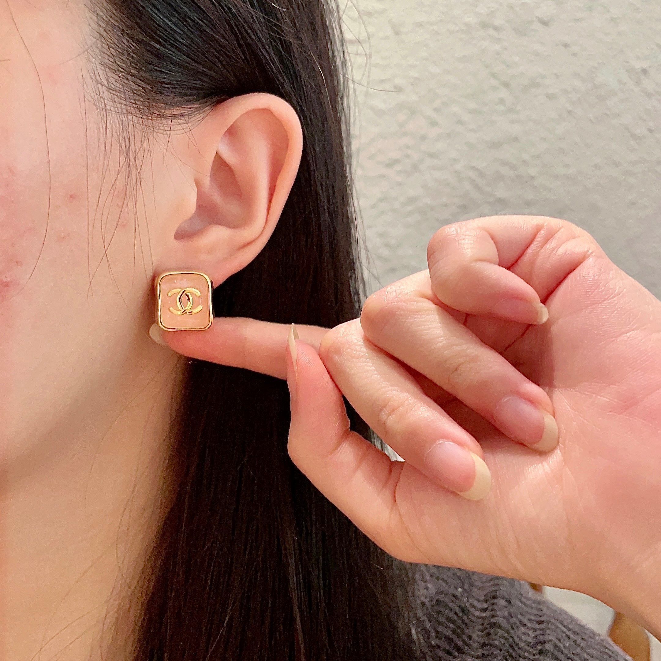 Elegant Square CC Logo Stud Earrings in Peach Pink and Gold