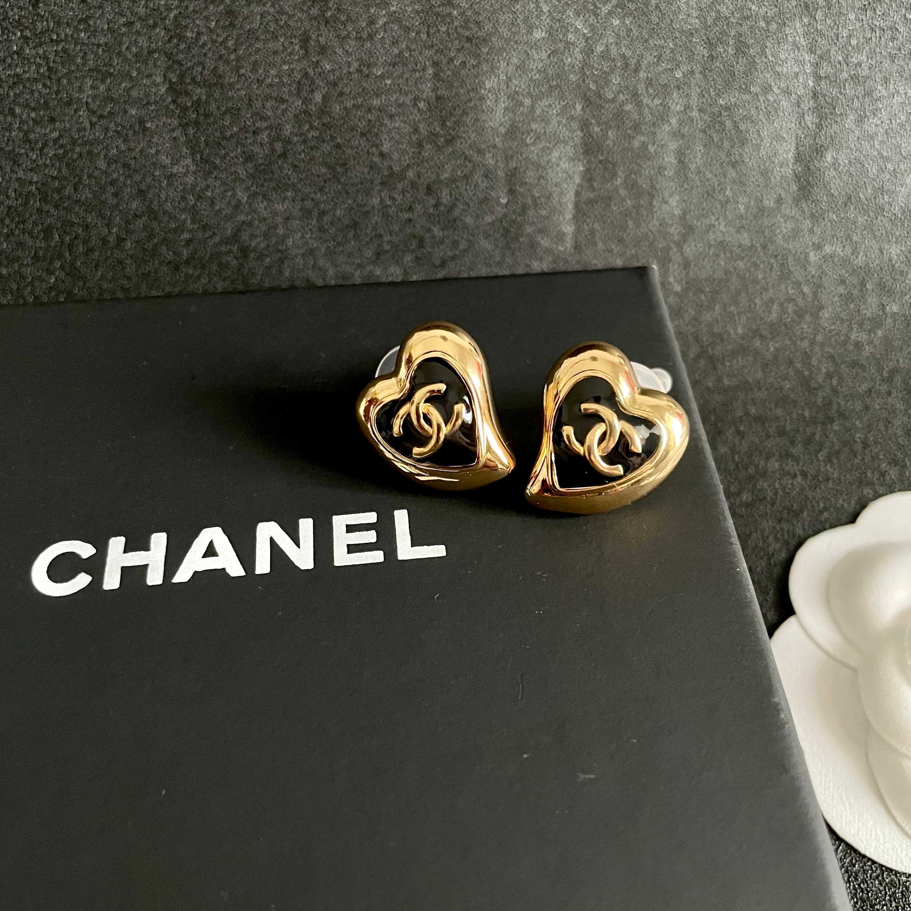 Vintage Gold Heart Earrings with Black CC Logo - Luxury Jewelry