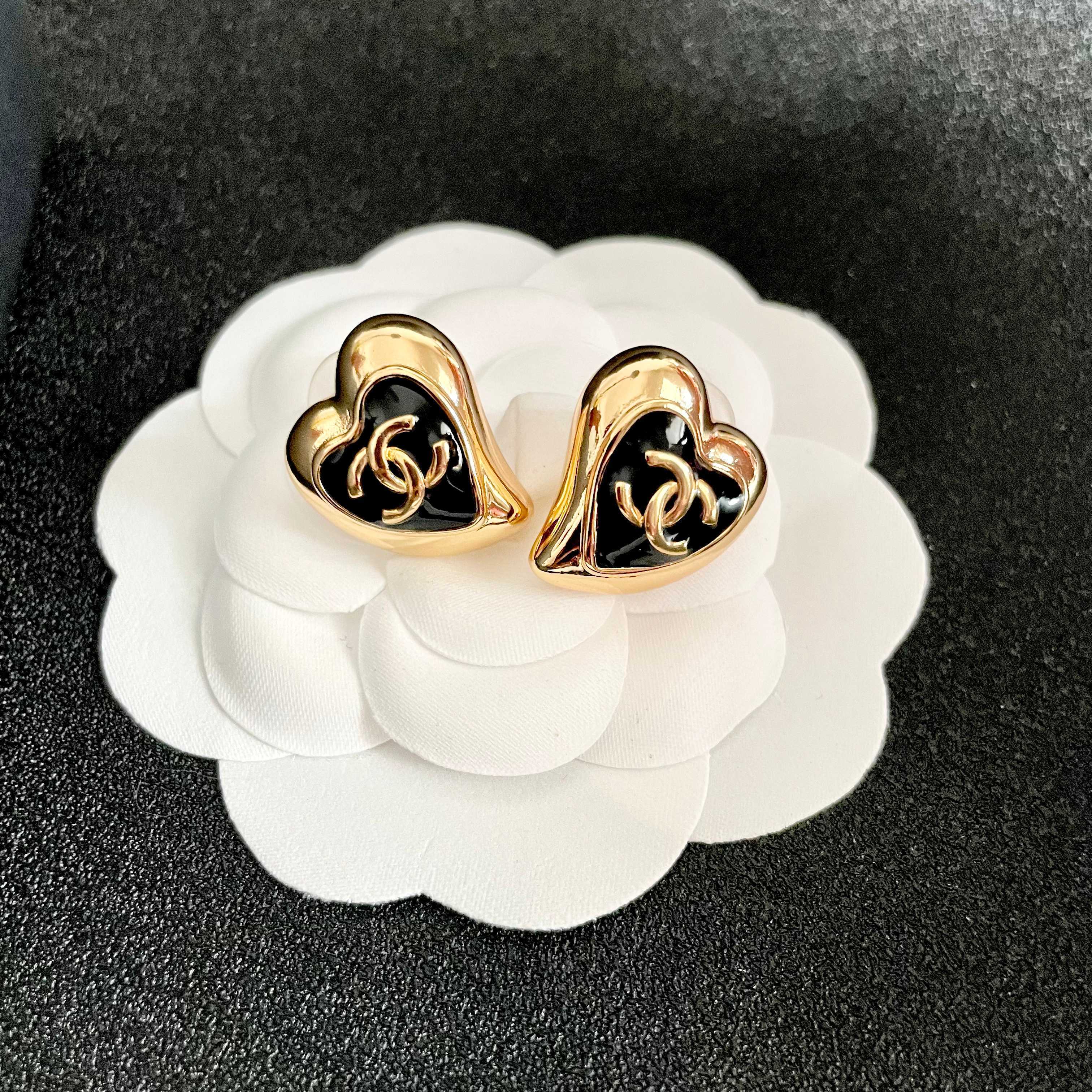 Vintage Gold Heart Earrings with Black CC Logo - Luxury Jewelry