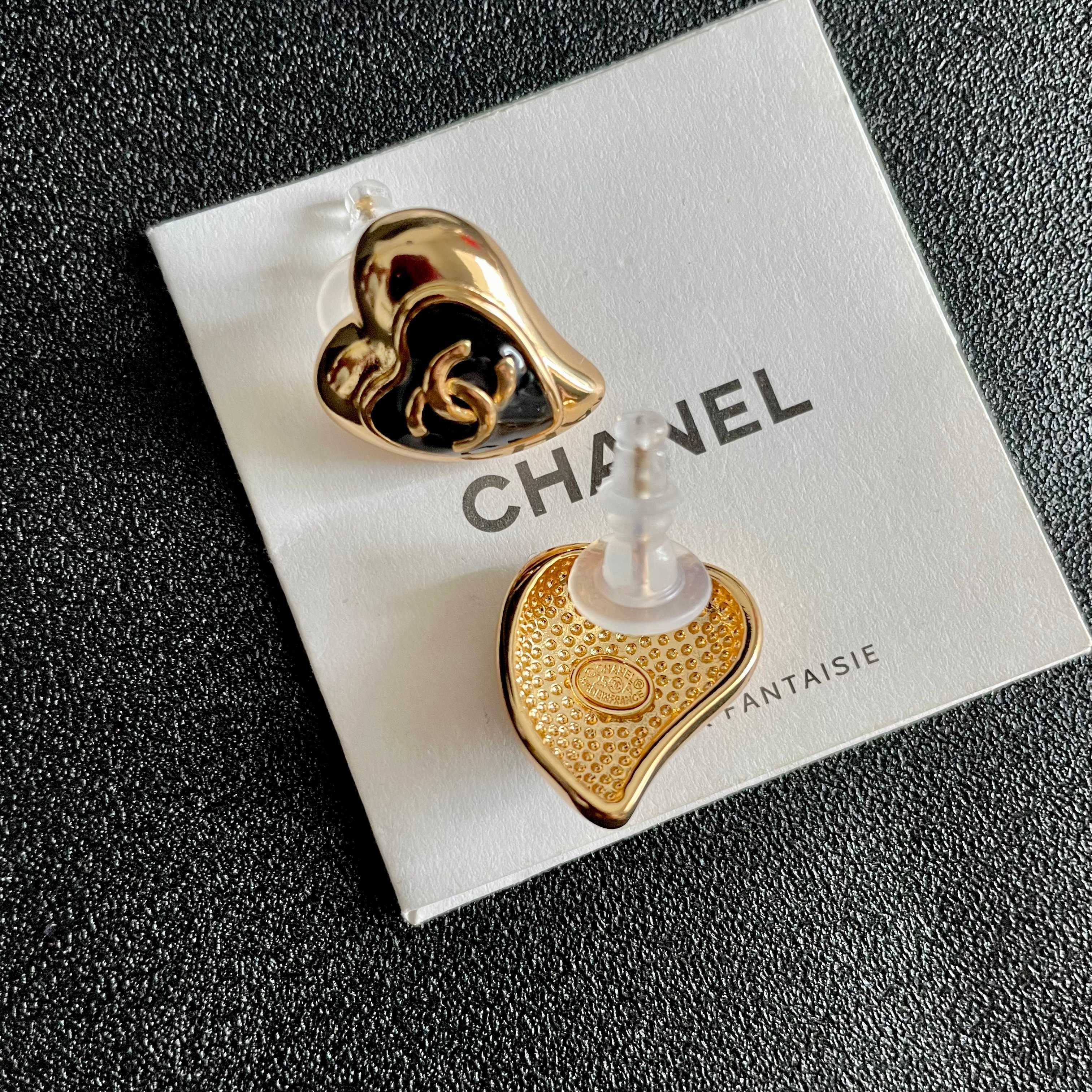 Vintage Gold Heart Earrings with Black CC Logo - Luxury Jewelry