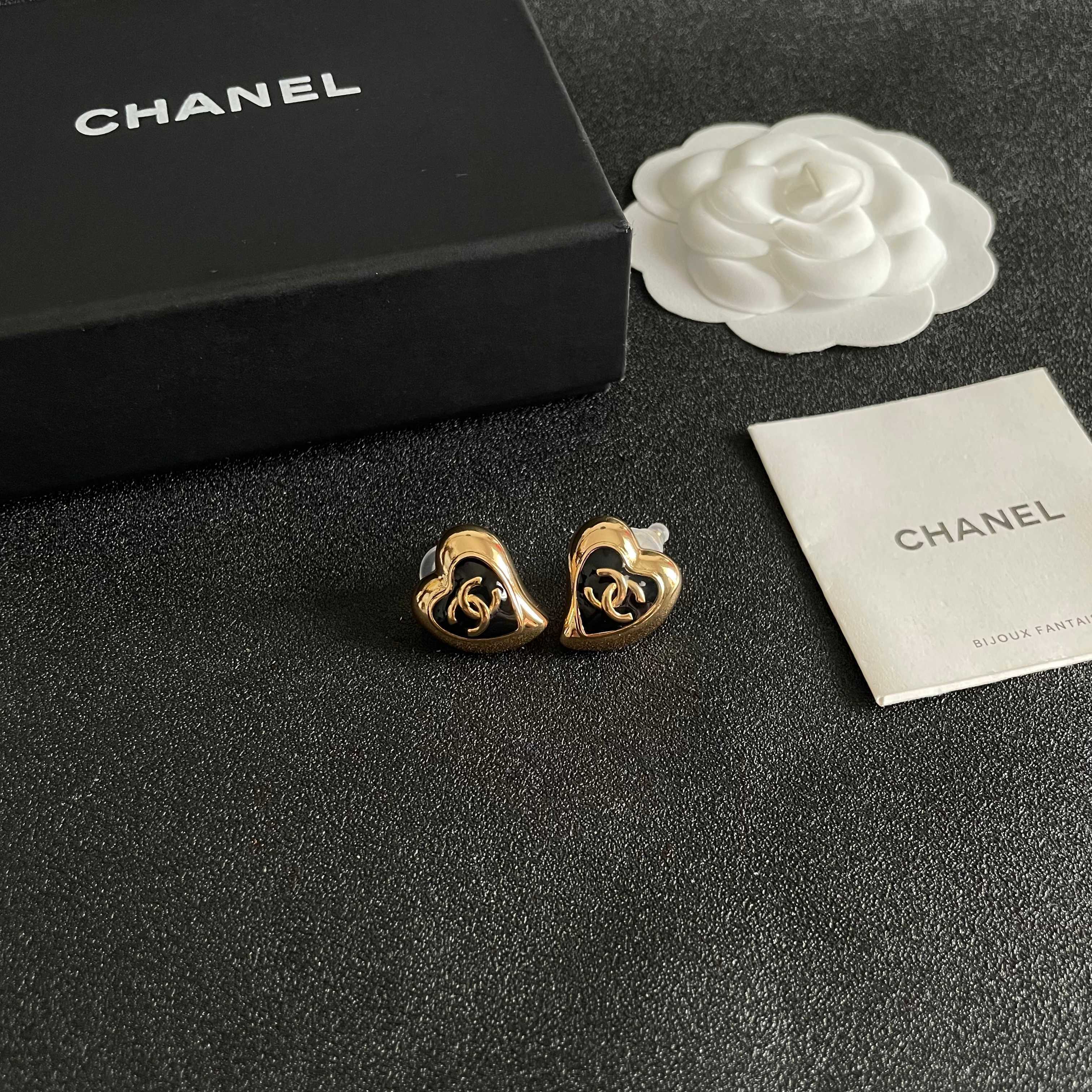 Vintage Gold Heart Earrings with Black CC Logo - Luxury Jewelry