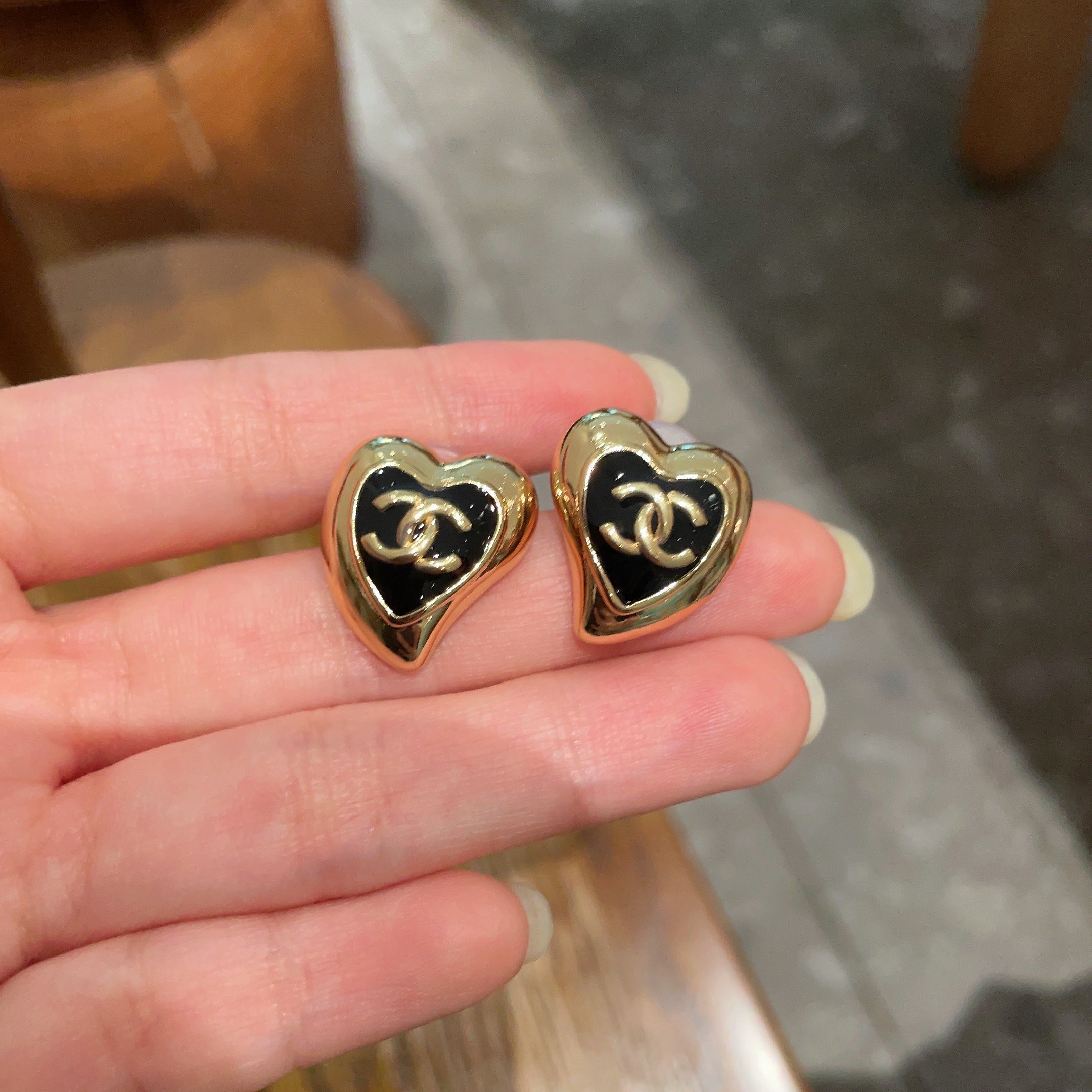Vintage Gold Heart Earrings with Black CC Logo - Luxury Jewelry