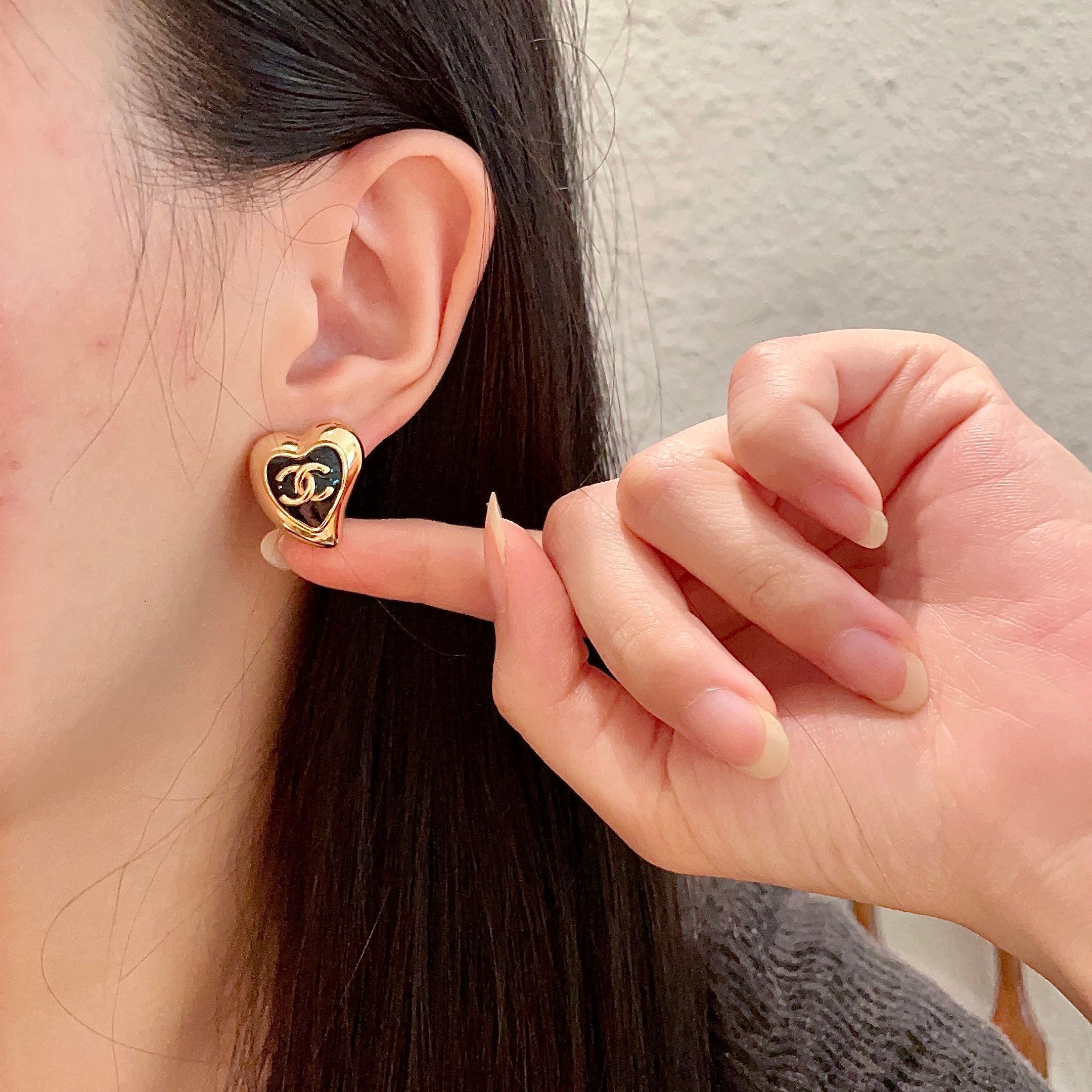 Vintage Gold Heart Earrings with Black CC Logo - Luxury Jewelry