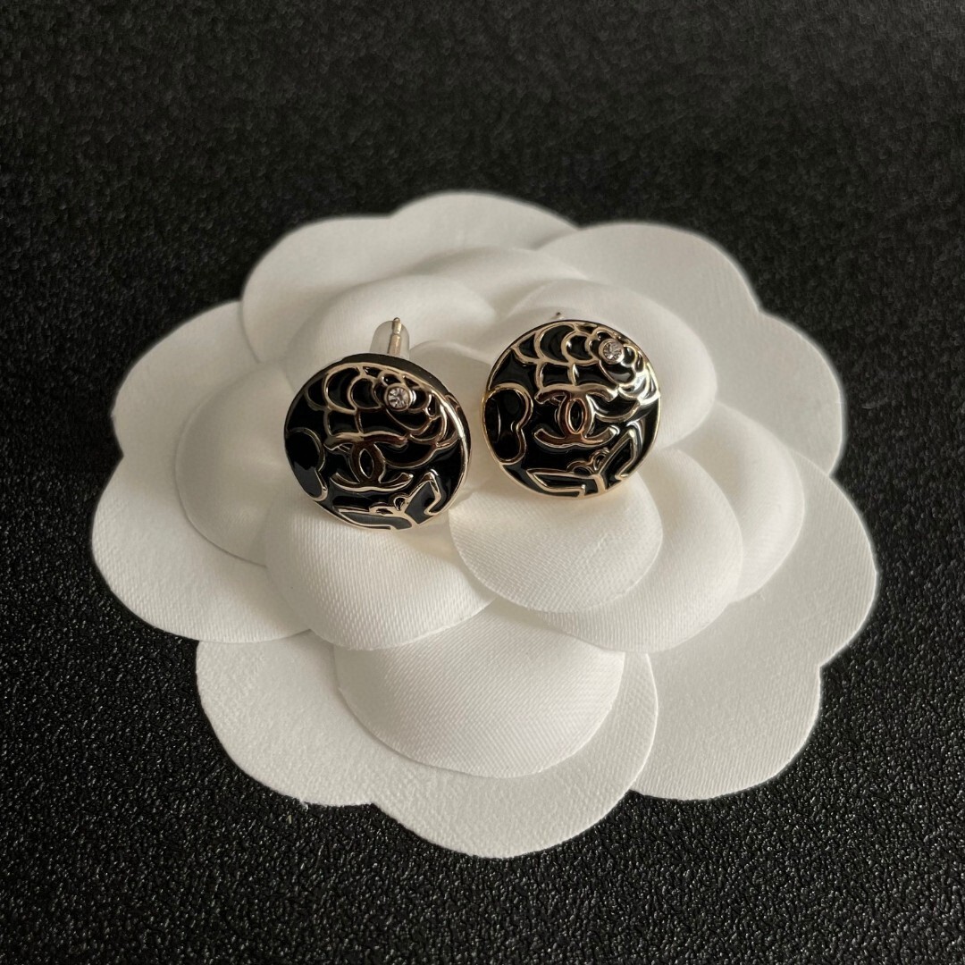 Elegant Camellia Flower CC Logo Enamel Stud Earrings