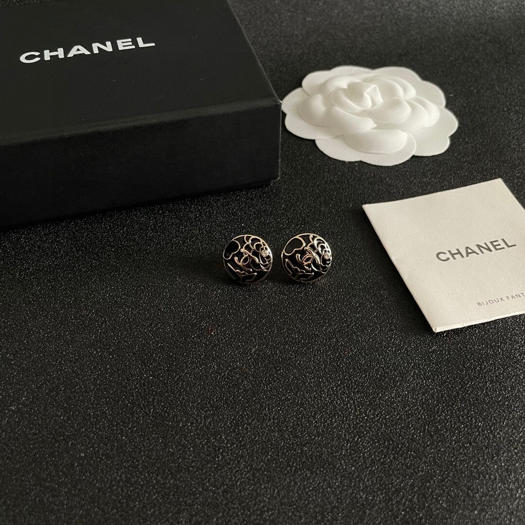 Elegant Camellia Flower CC Logo Enamel Stud Earrings