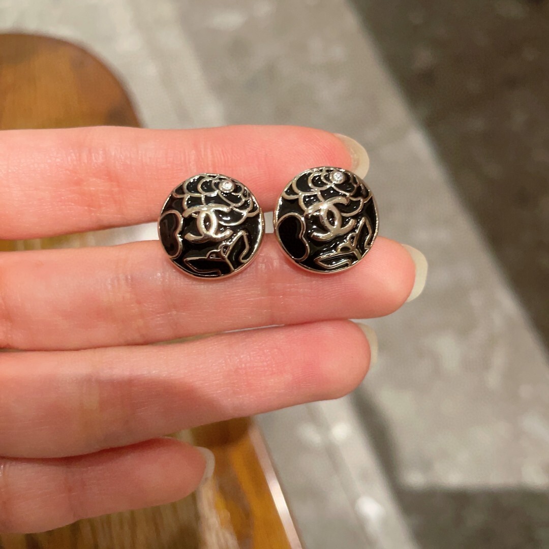 Elegant Camellia Flower CC Logo Enamel Stud Earrings